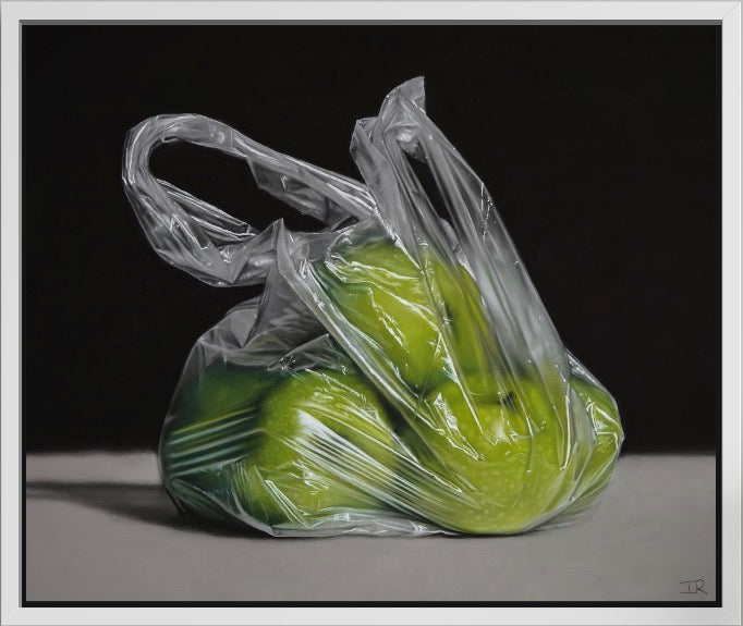 original pastel drawing clear plastic bag with green apples on a dark background