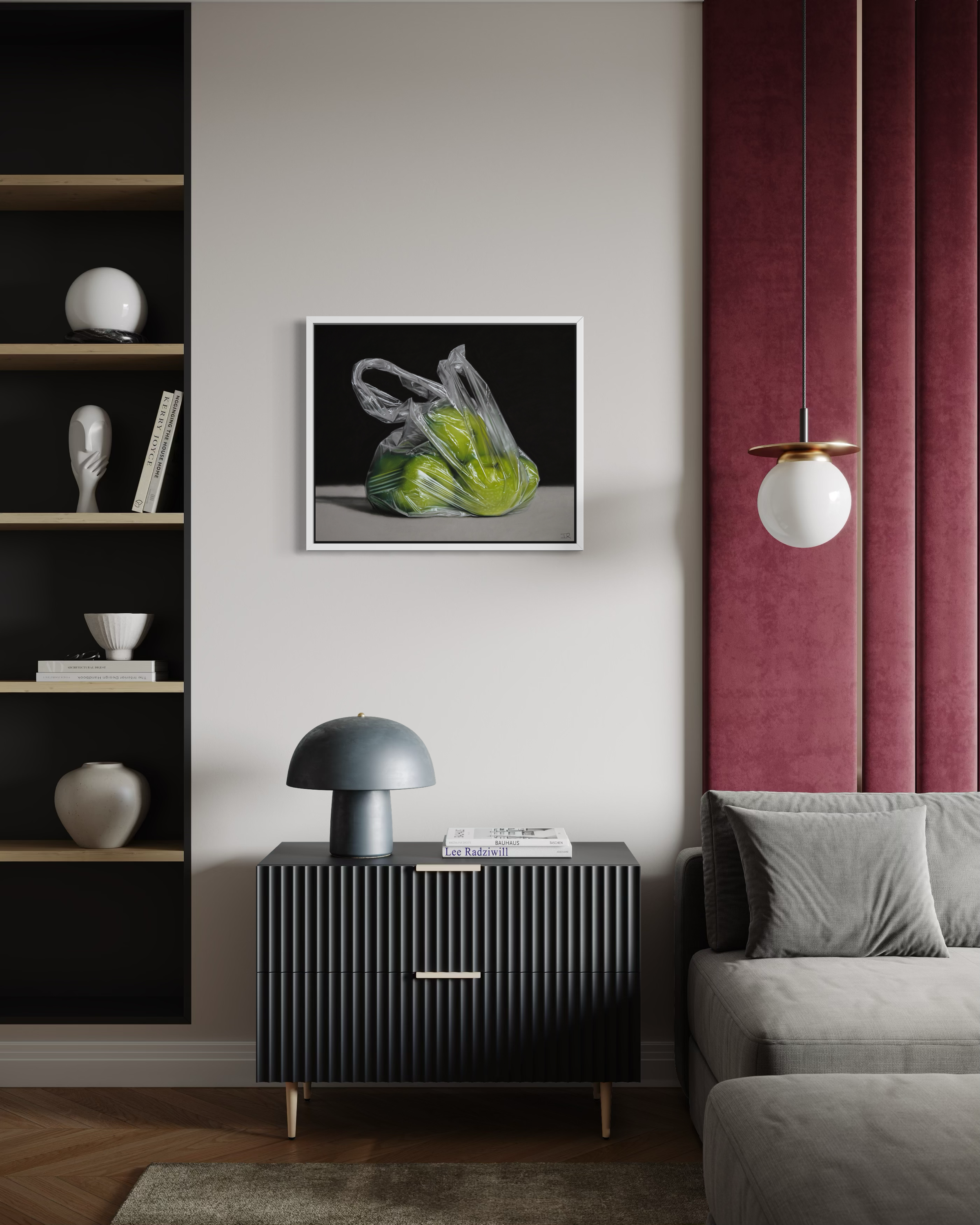 Modern living room with a black cabinet, gray sofa, and a original ian rawling pastel drawing