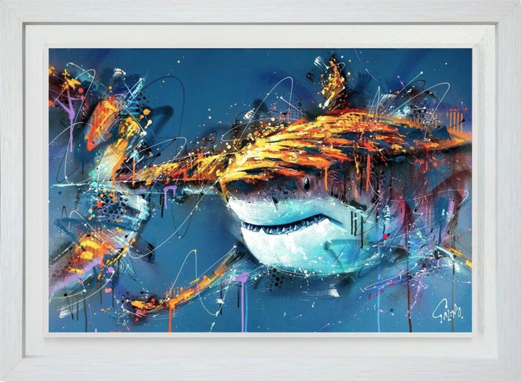 Colorful abstract painting of a shark with dynamic lines and splashes on a blue background.