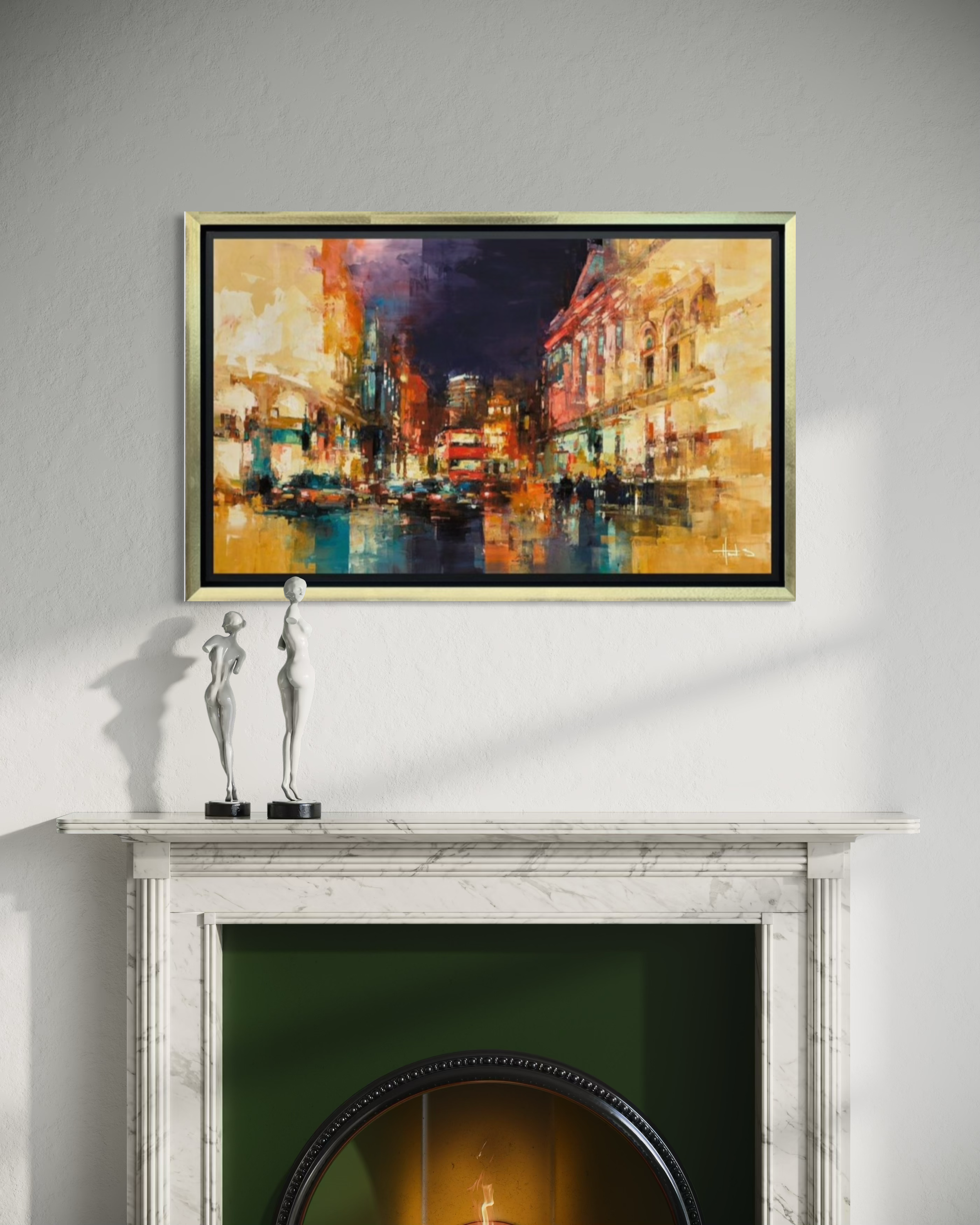 Framed Benoit Havard city scape painting above a fireplace with decorative items.