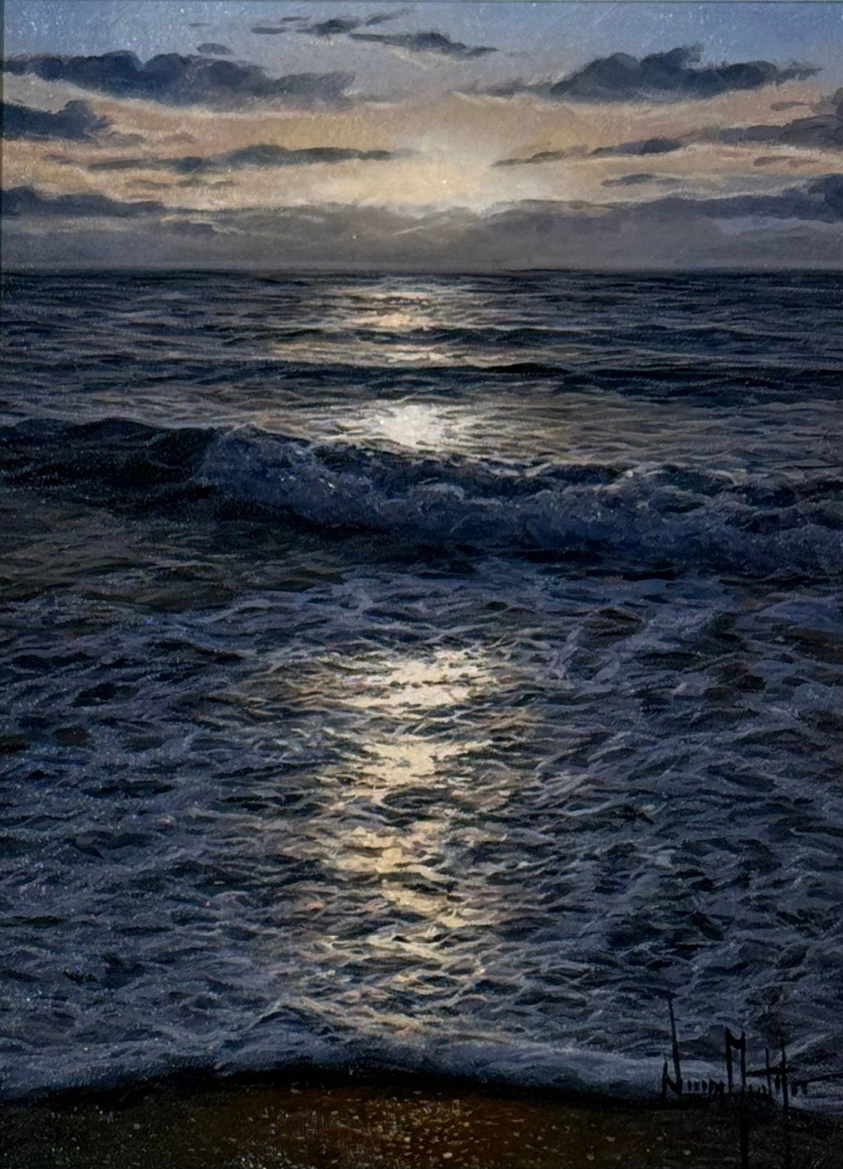 Painting of a moonlit night over a sea with waves.