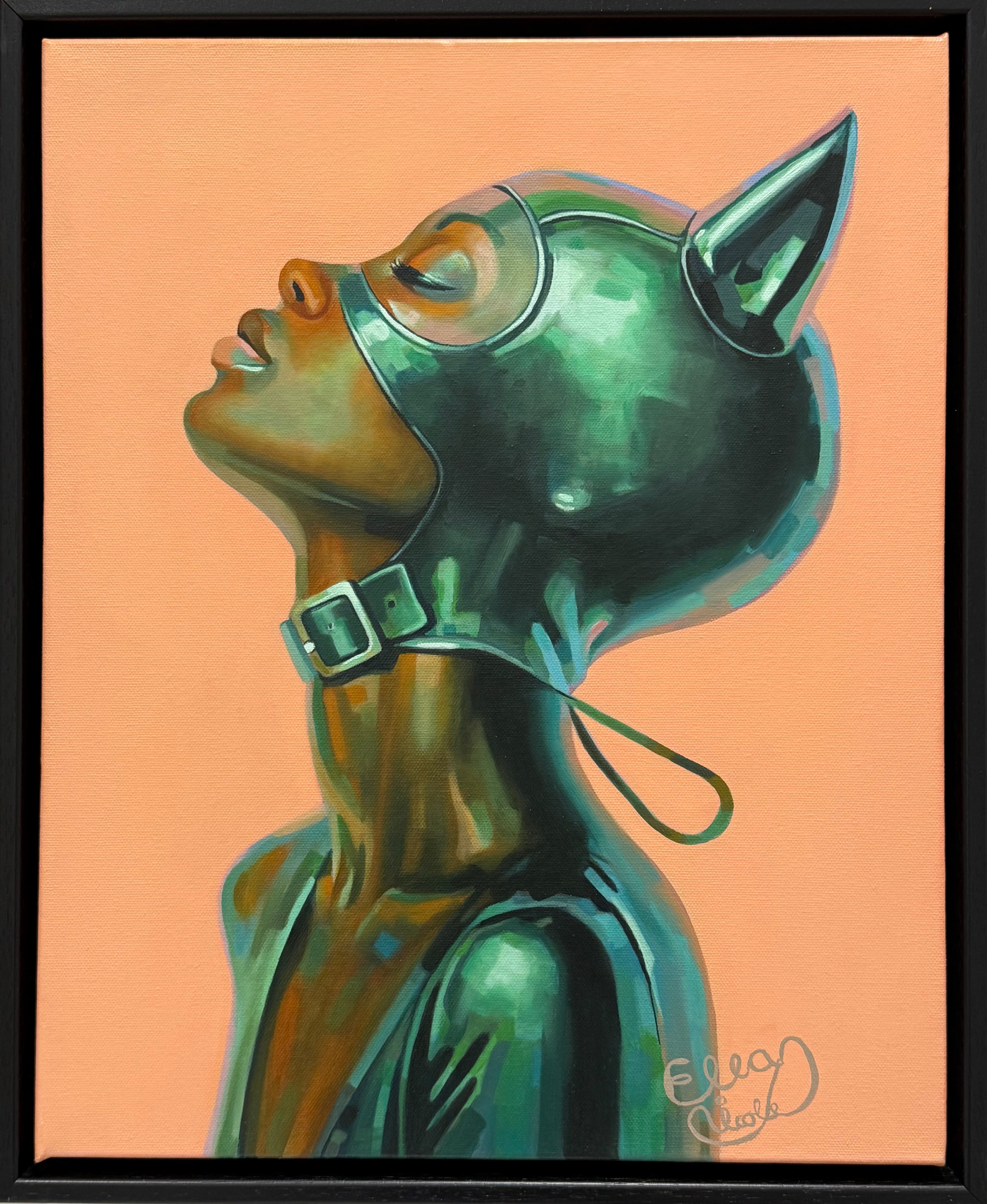 artist depiction of a woman looking up on a leather cat woman mask on a pink background 