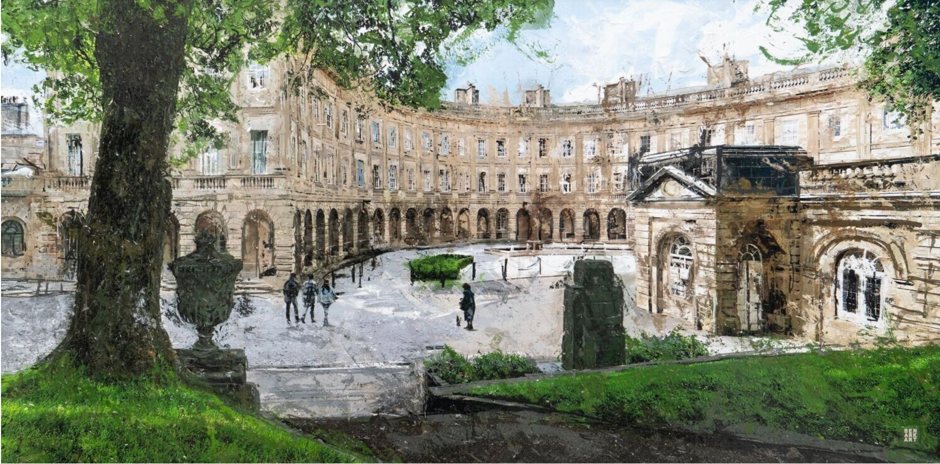 Historic stone building The Crescent Hotel in Buxton with colonnade and people walking, surrounded by trees and greenery.