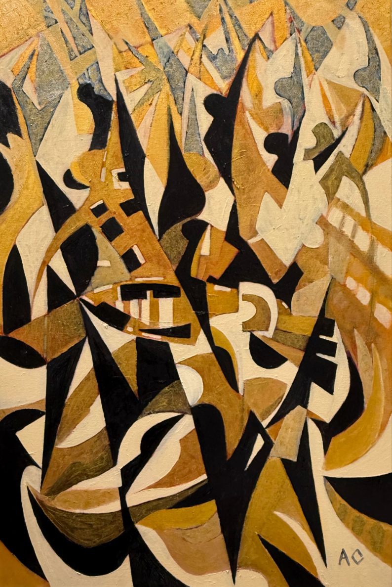 Abstract artwork with geometric shapes in brown, black, and white yellow and gold