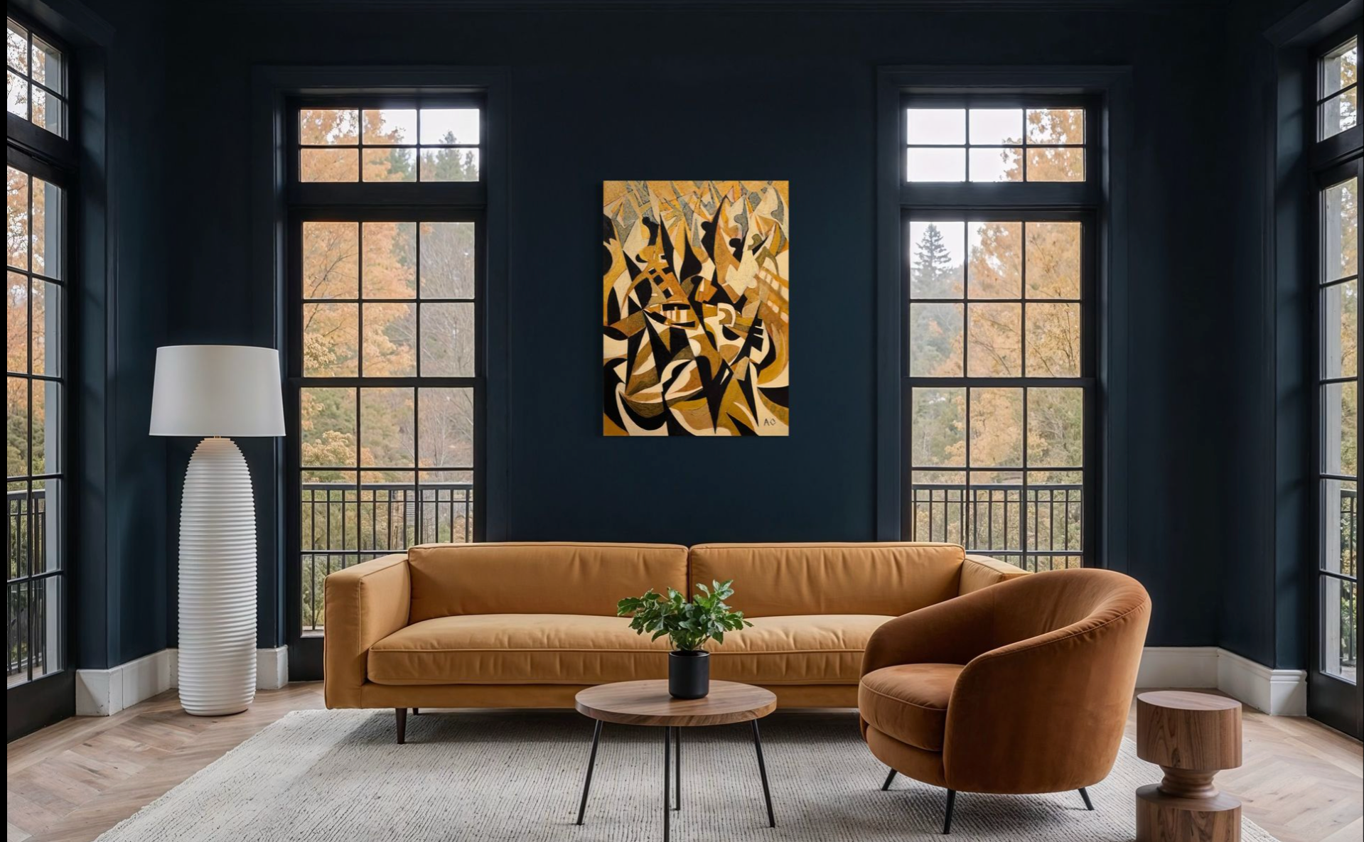Modern living room with a brown sofa, round table, and abstract painting on a dark blue wall, with Allan Offord original centre.
