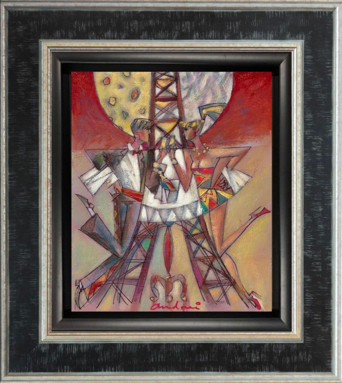 Framed abstract artwork with geometric shapes and vibrant colors
