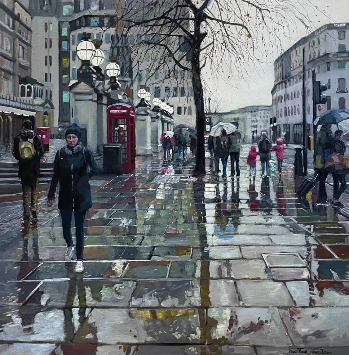City street scene with people walking in the rain, reflections on the wet pavement, and a red phone booth.