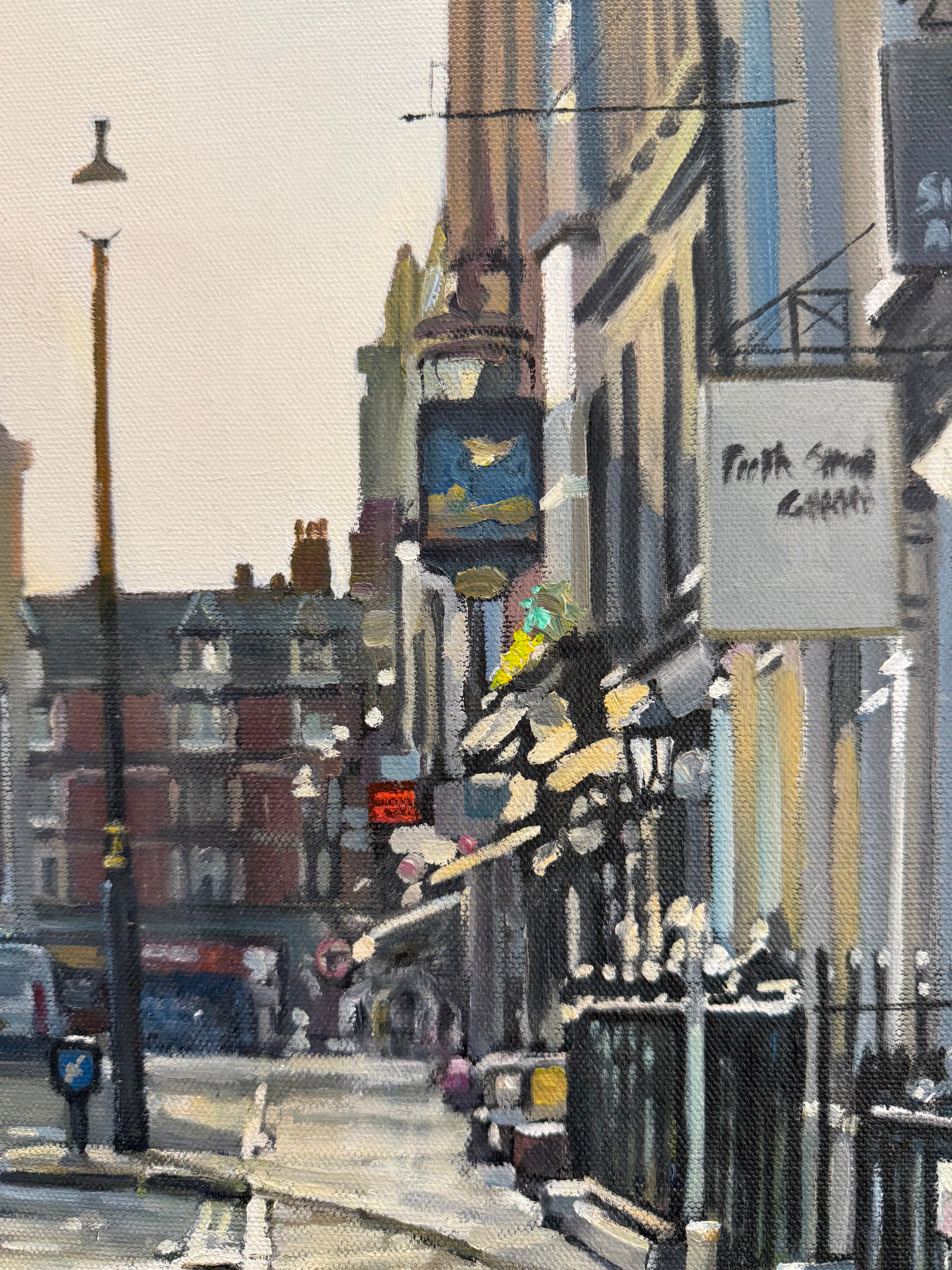 Close up of city street painting showing shop signs lamppost and detail