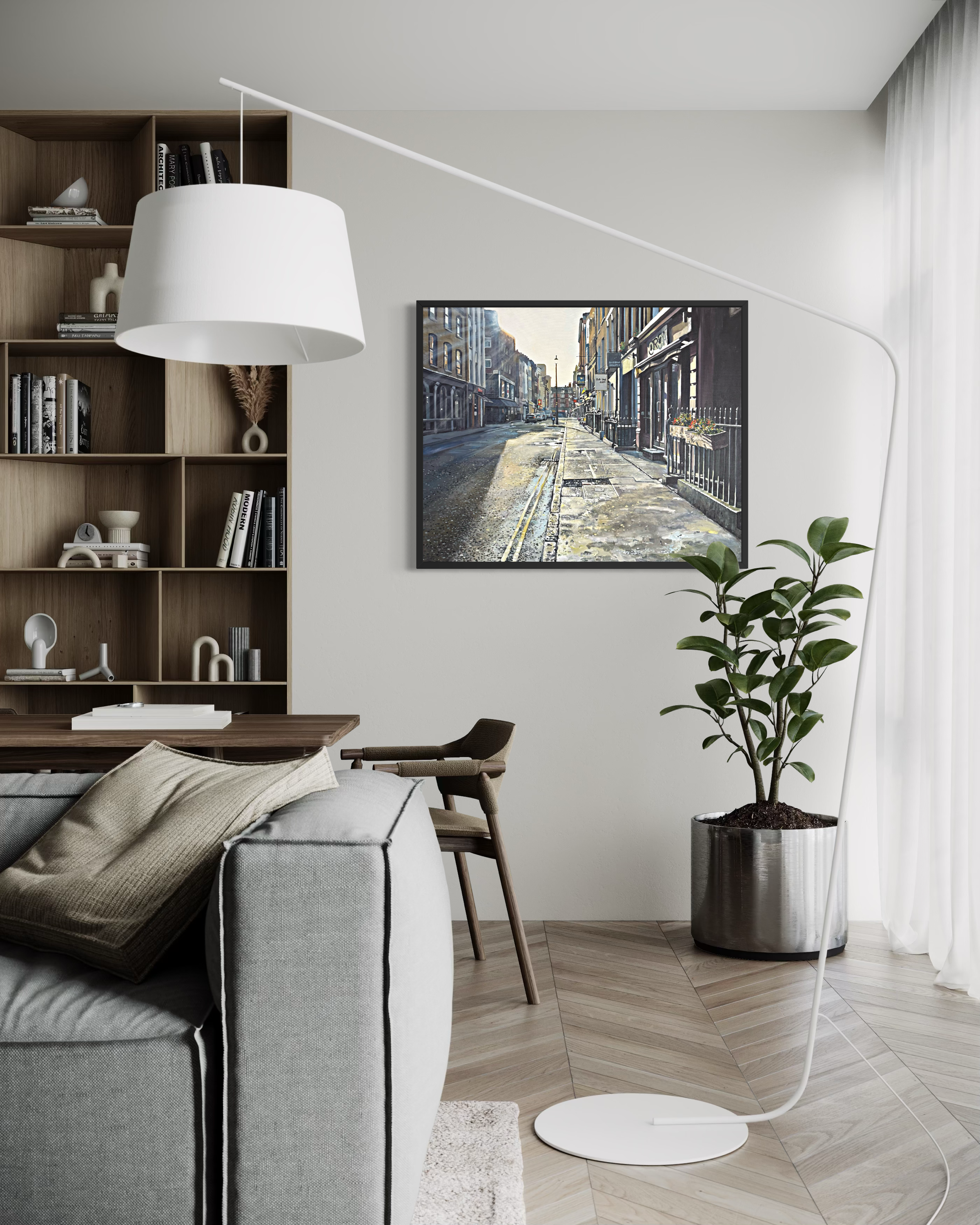 Original painting of  Cityscape London Soho in situ in modern room