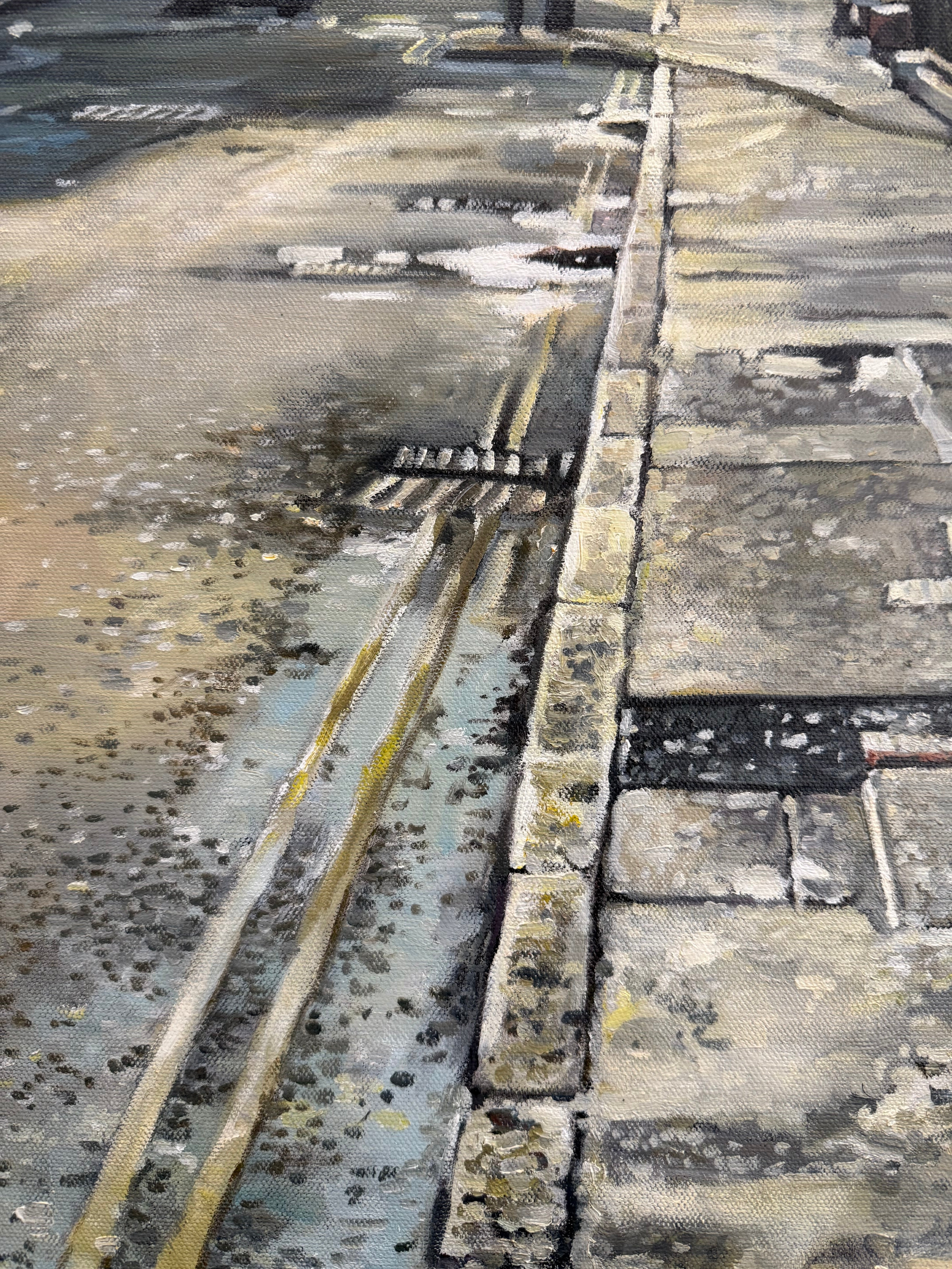 London Soho city street painting early morning sunlight original oil painting Close up rad and pavement detail