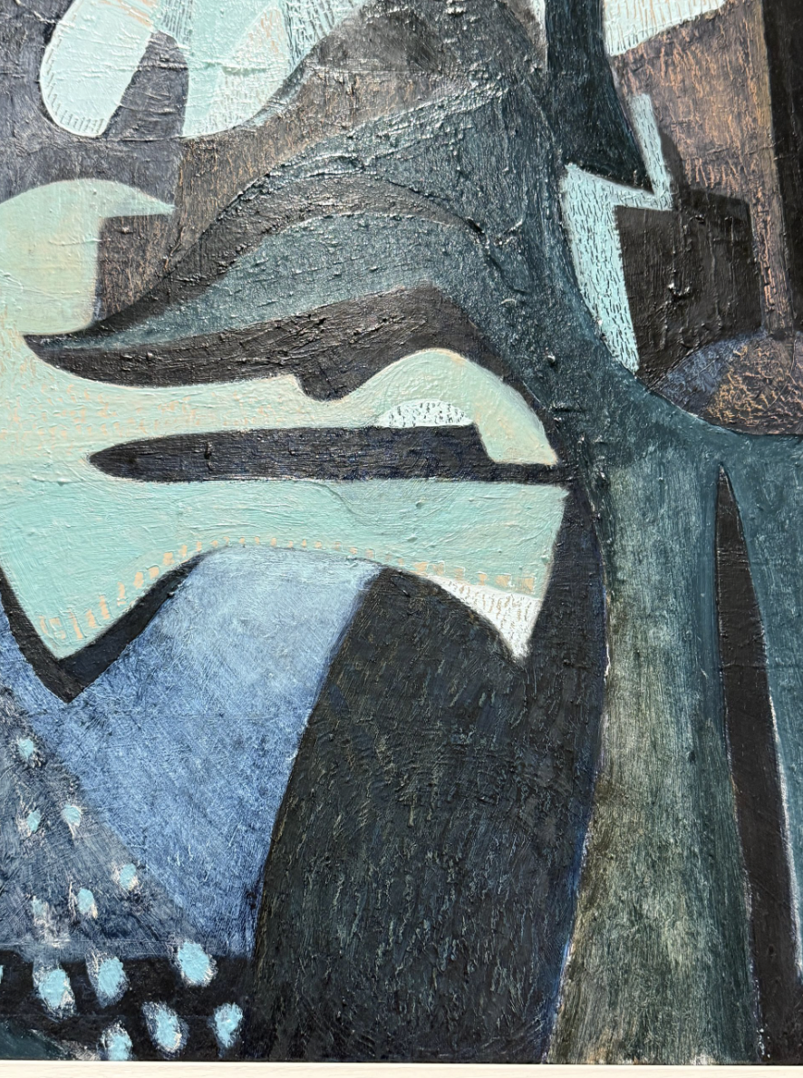 Close up Abstract artwork with geometric shapes in blue, black, and brown tones.