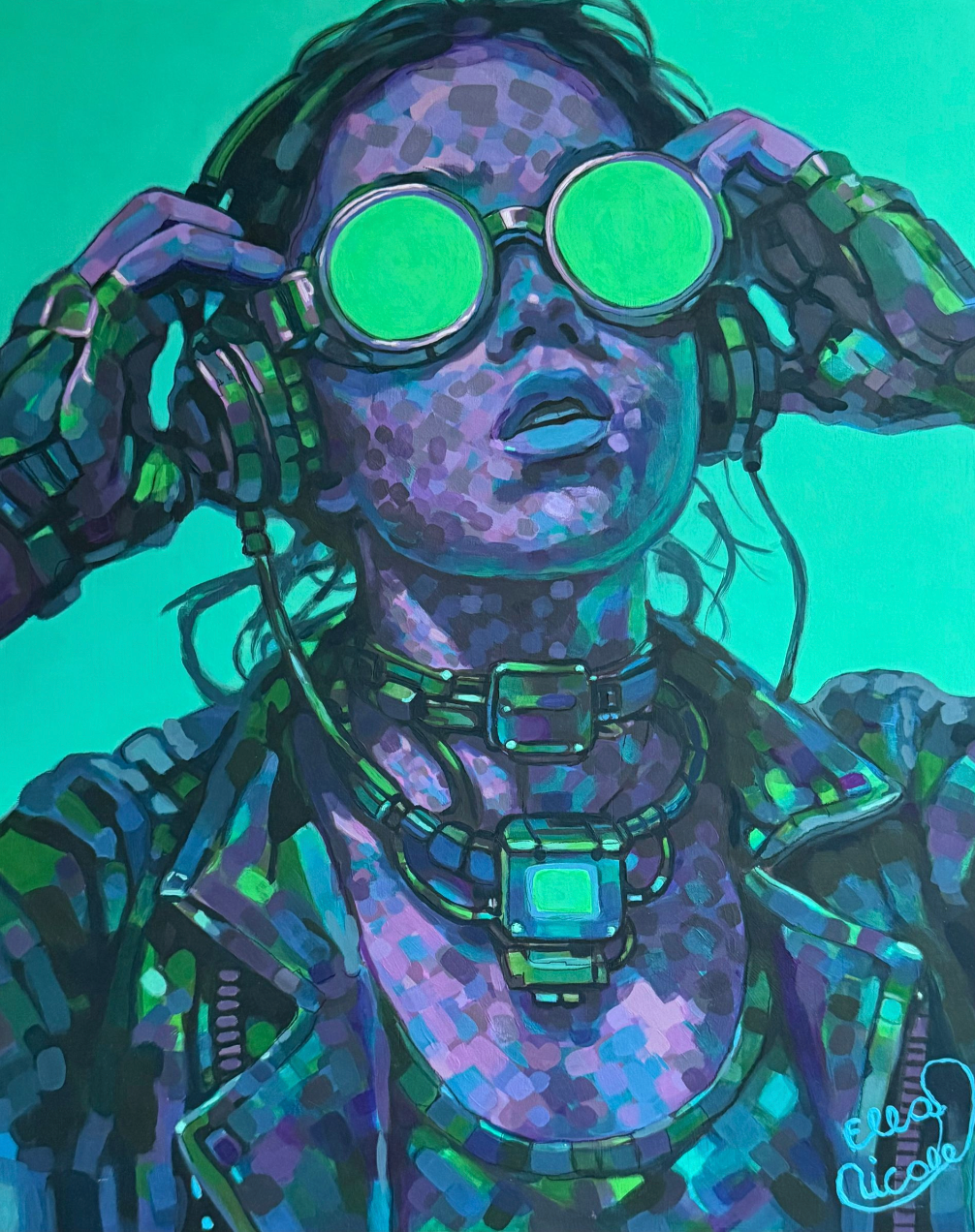 Artistic depiction of a person wearing futuristic goggles and cybernetic enhancements against a teal background.