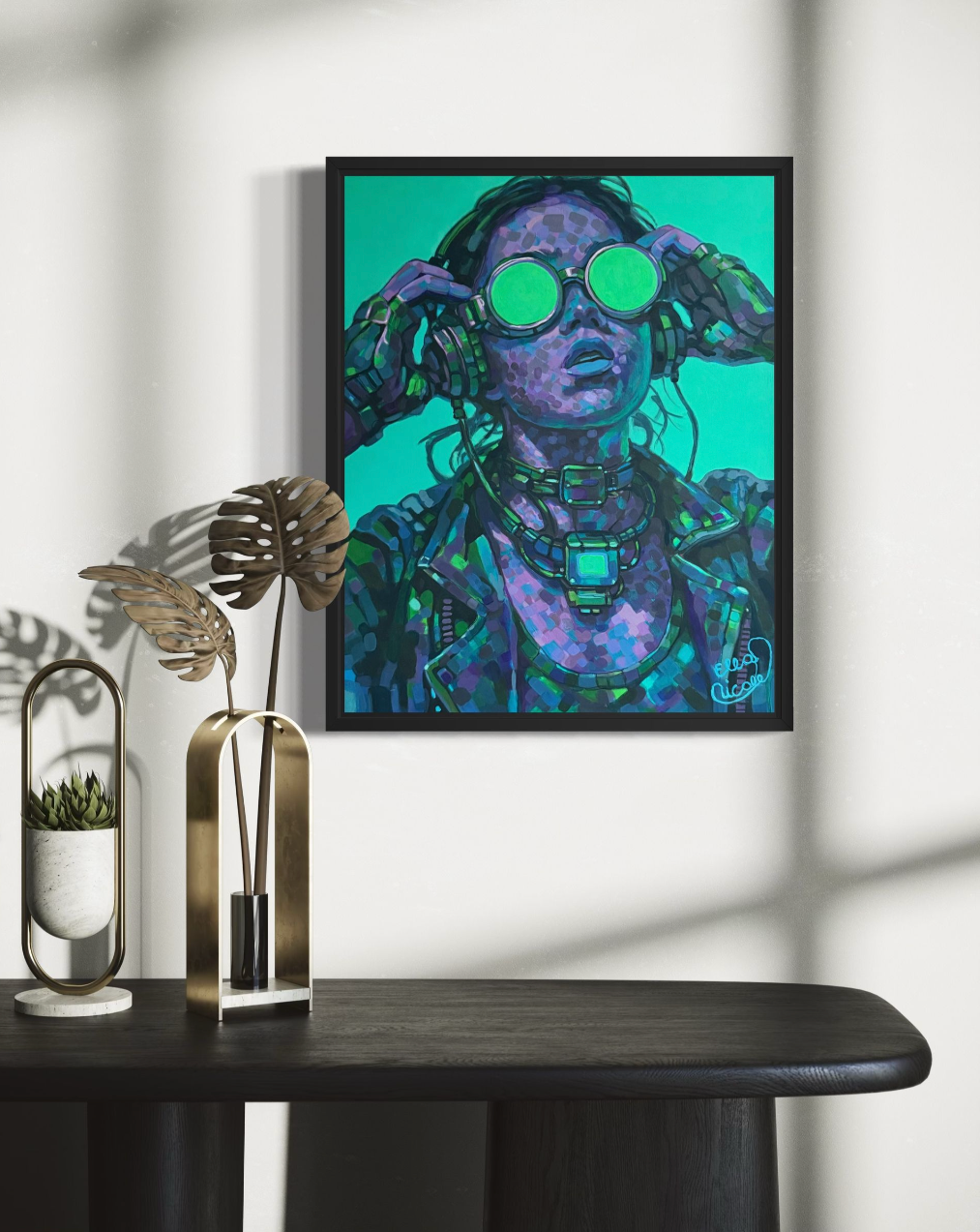 Artistic depiction of a person wearing futuristic goggles and cybernetic enhancements against a teal background in a modern interior with a dark consul table underneath