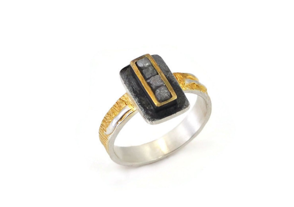 Ring with silver band and gold accents featuring a central black stone on a white background