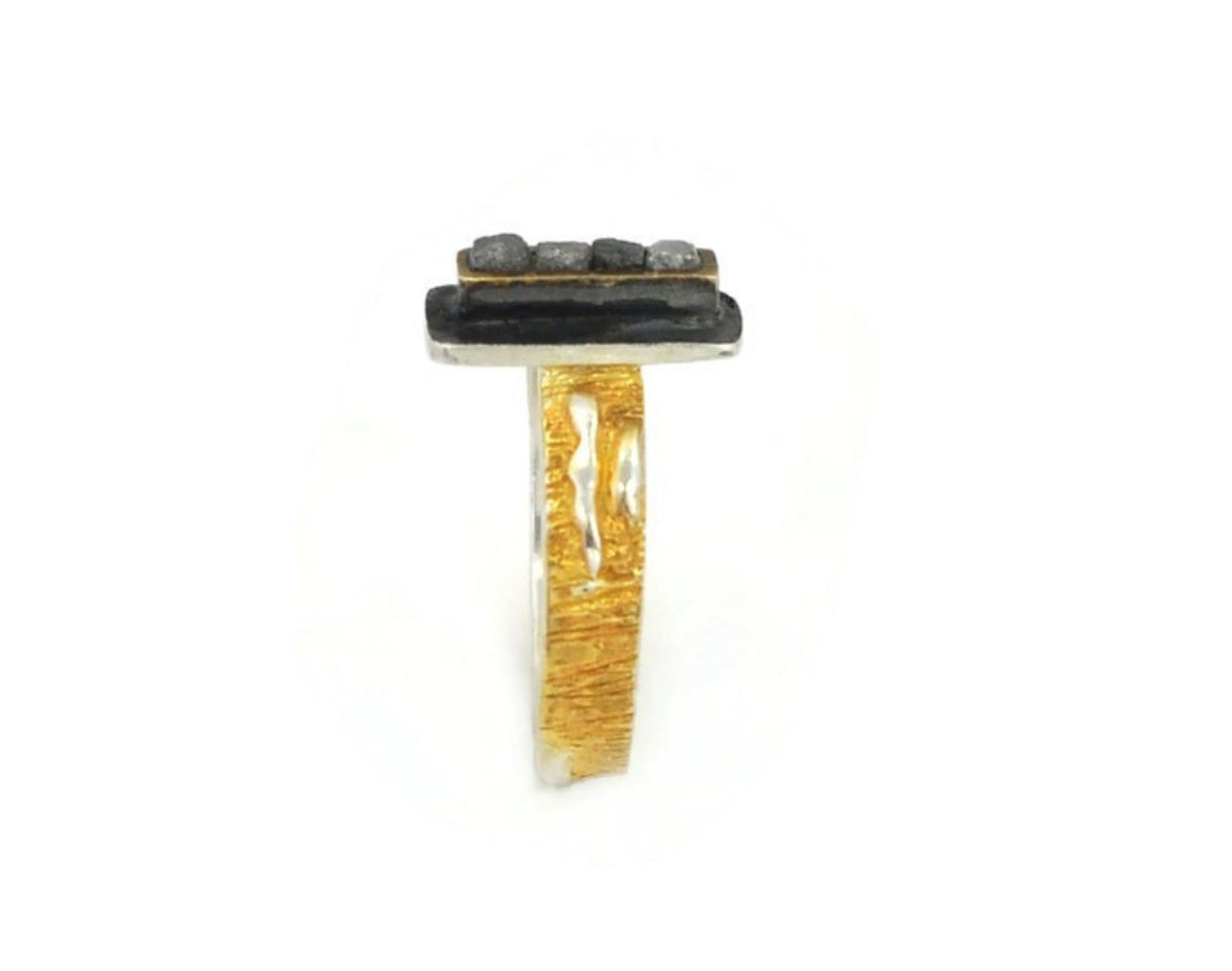 Gold ring with black stone on a white background