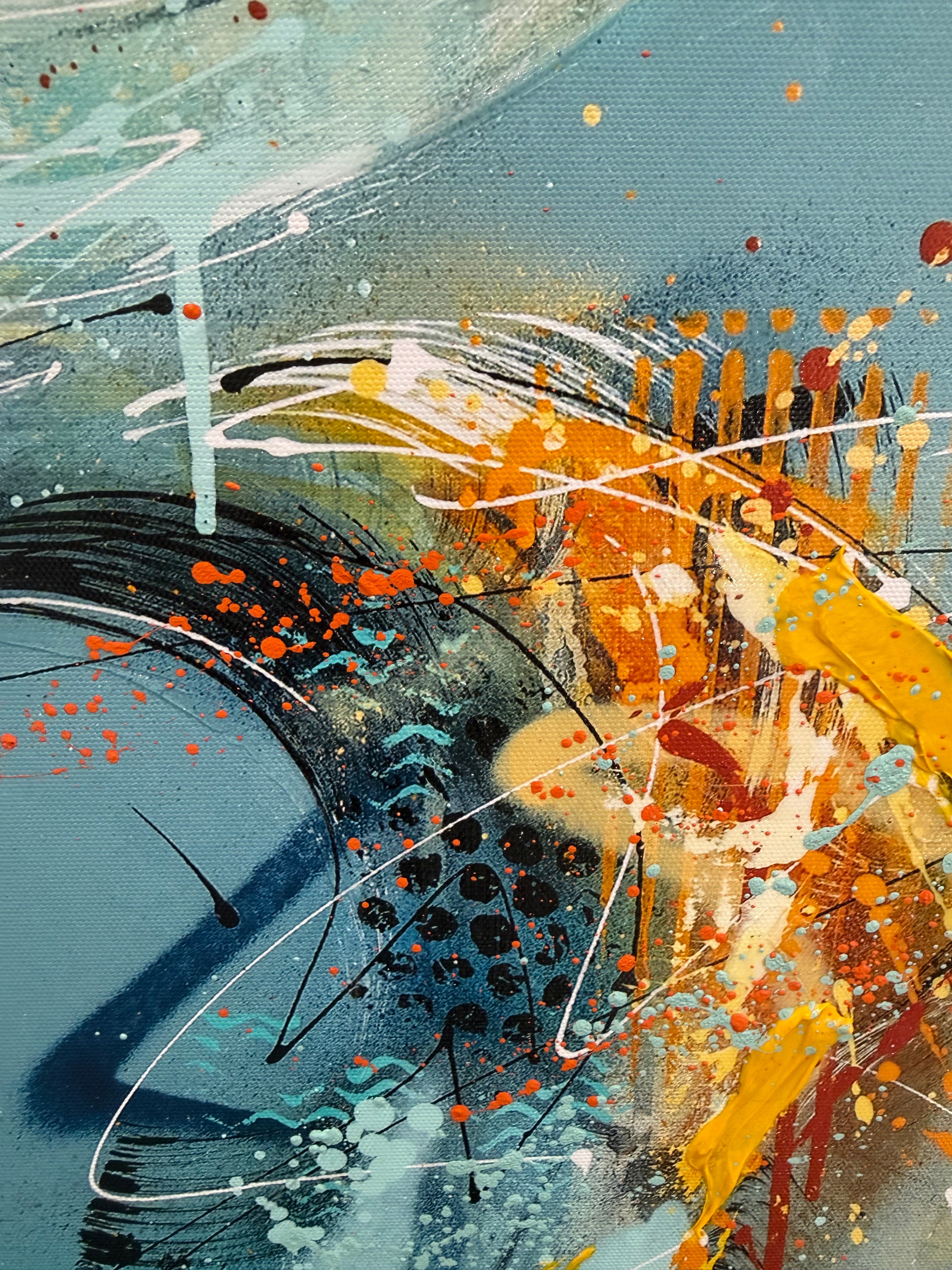 Abstract artwork with splashes of orange, blue, and black on a textured background