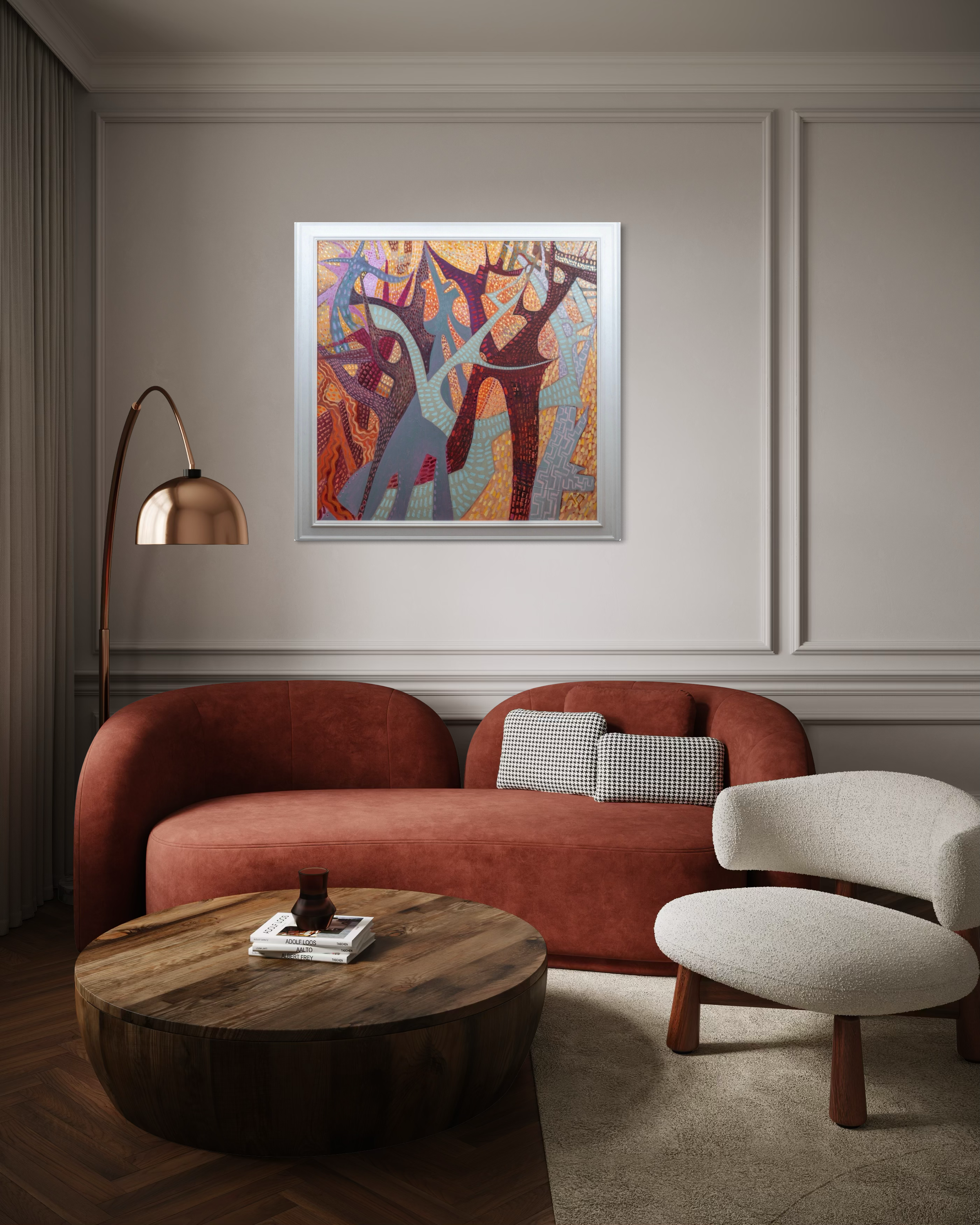 Modern living room with a red sofa, wooden coffee table, and abstract artwork on the wall.