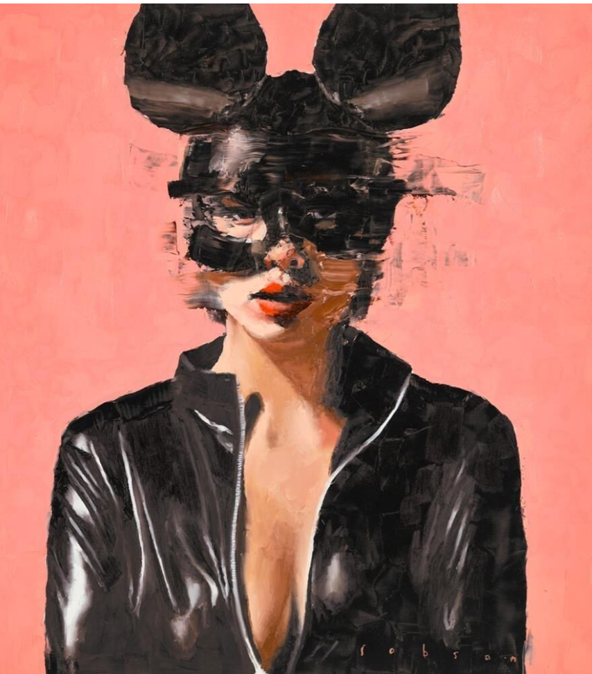 Artistic depiction of a person wearing a black mask and leather outfit on a pink background