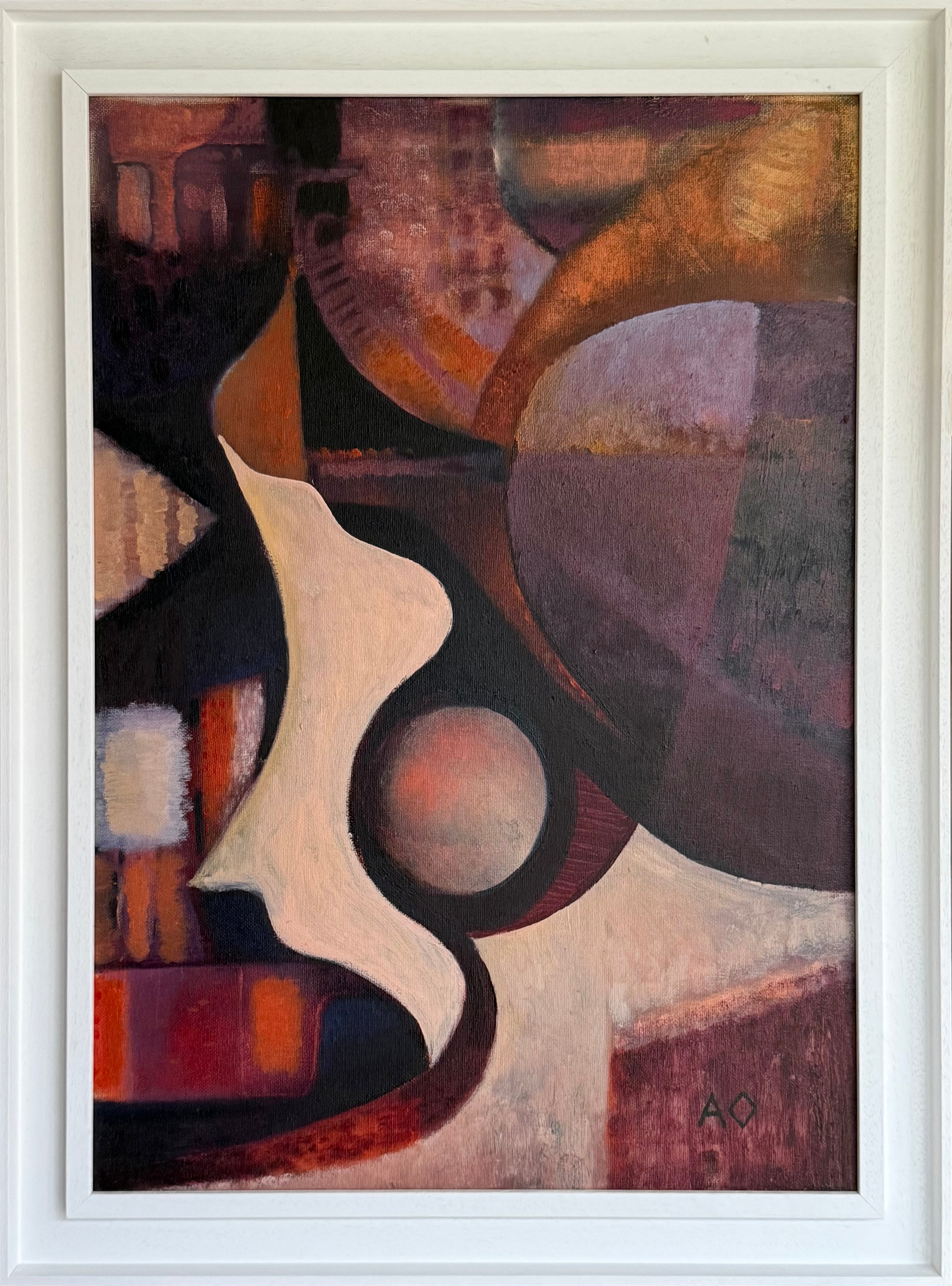 Abstract art piece with geometric shapes and warm colors in a white frame.