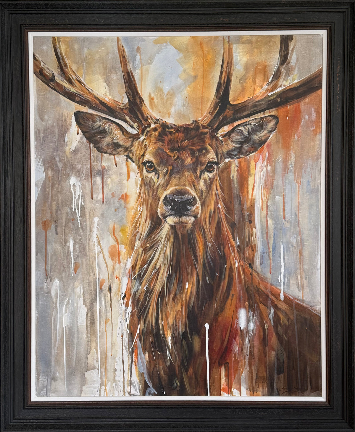 Artistic depiction of a stag with large antlers against a textured background