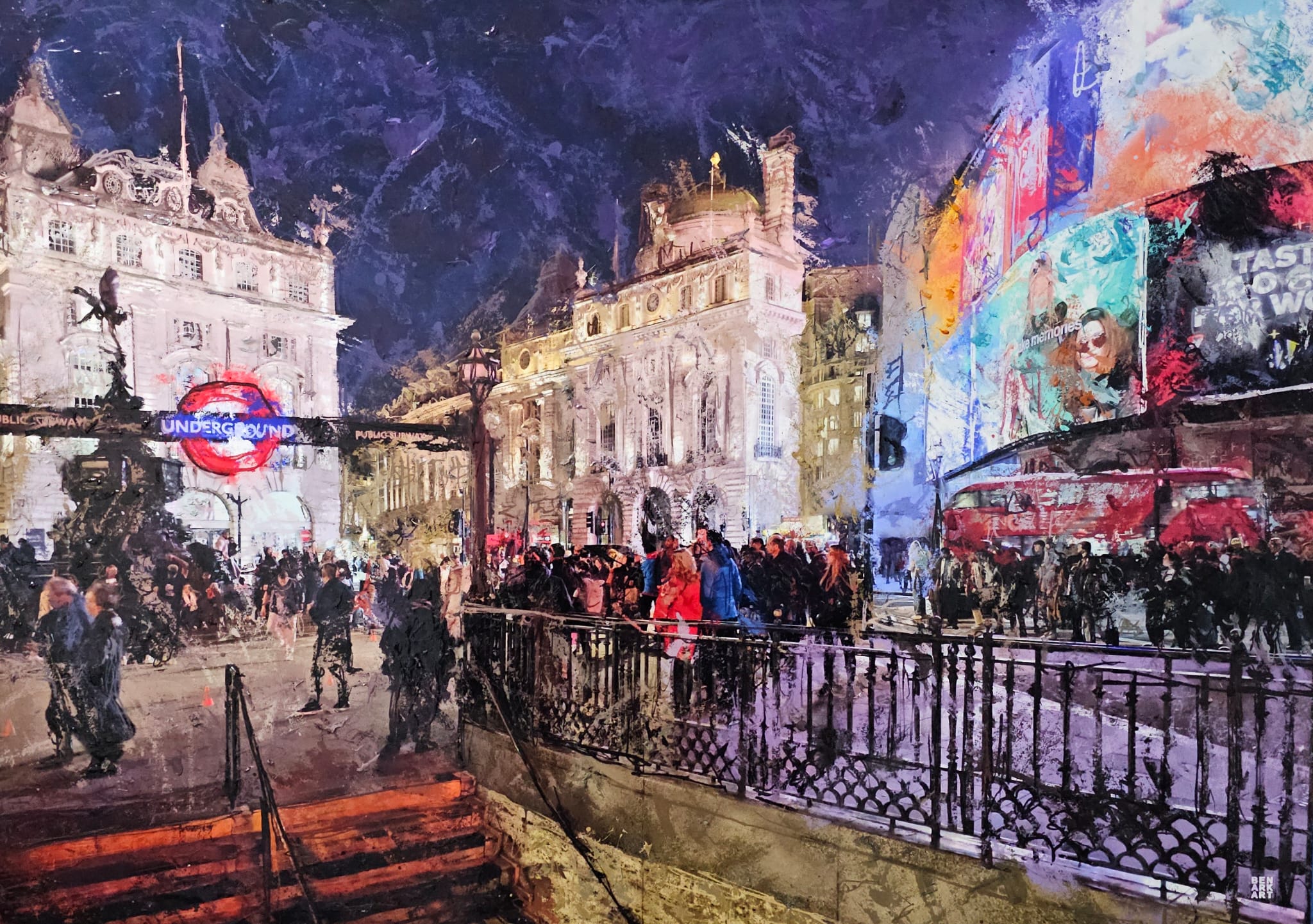 London Piccadilly Circus City street scene with people, buildings, and a bus at night.