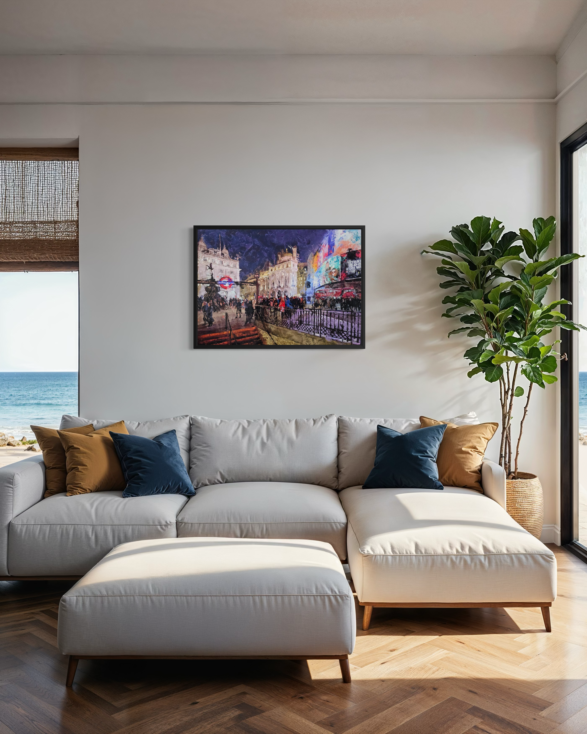 Modern living room with a sectional sofa, ottoman, and decorative pillows with a mixed media colourful cityscape by Ben Ark hanging central