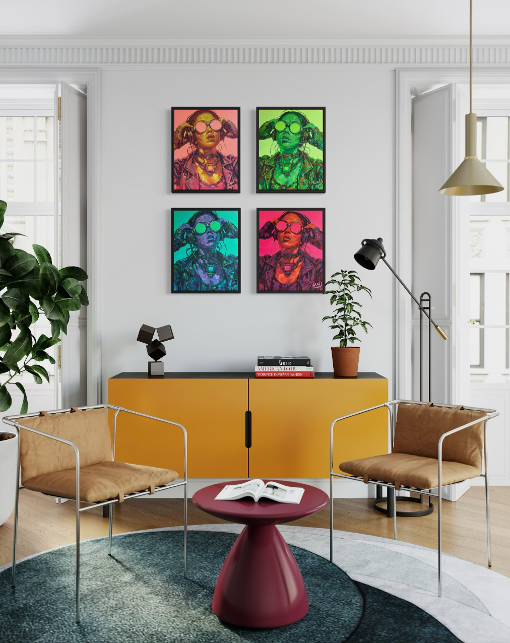 Modern interior with colorful wall art, yellow cabinet, and brown chairs.