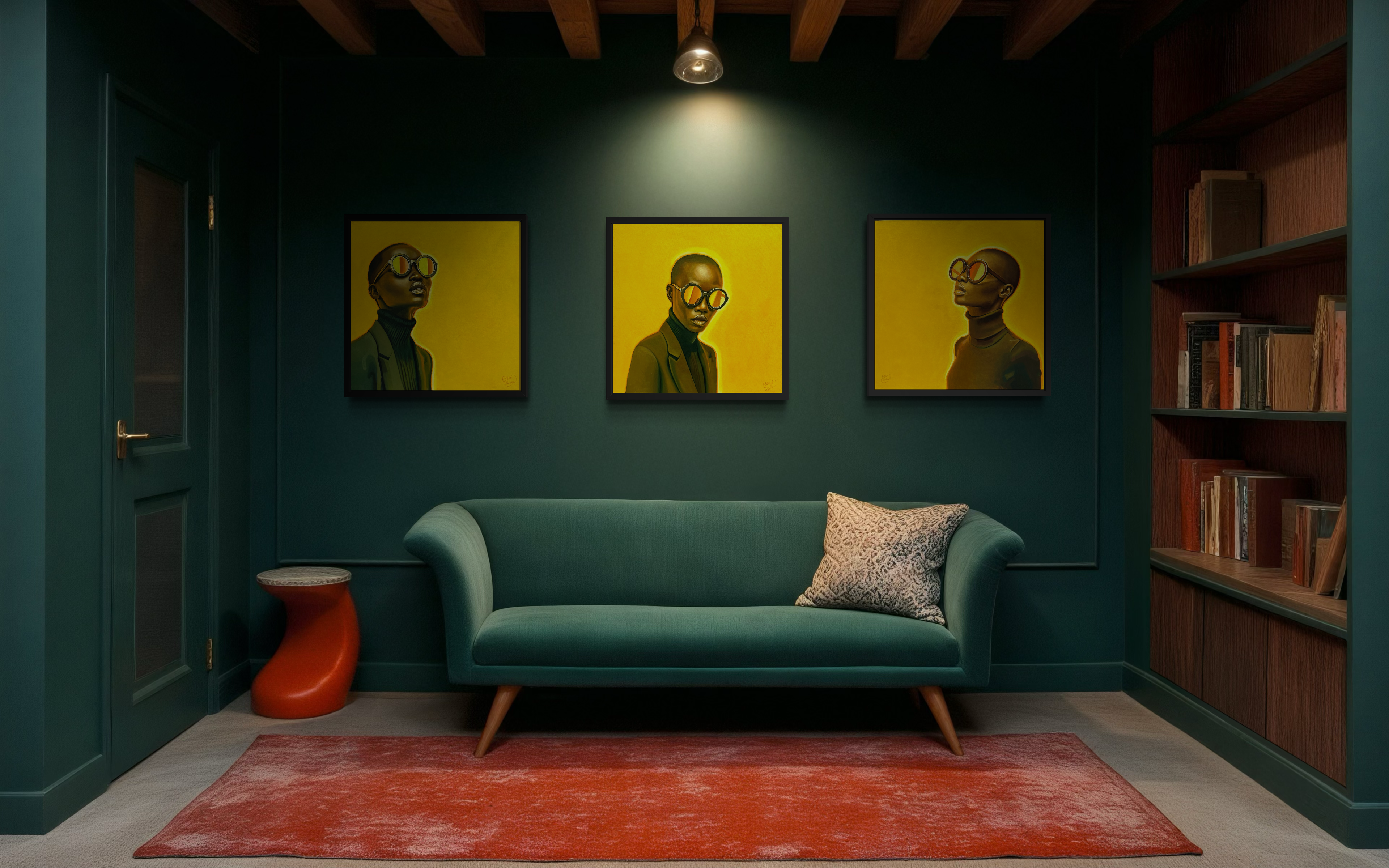 Modern interior with a green sofa, red rug, and yellow wall art in a dimly lit room.