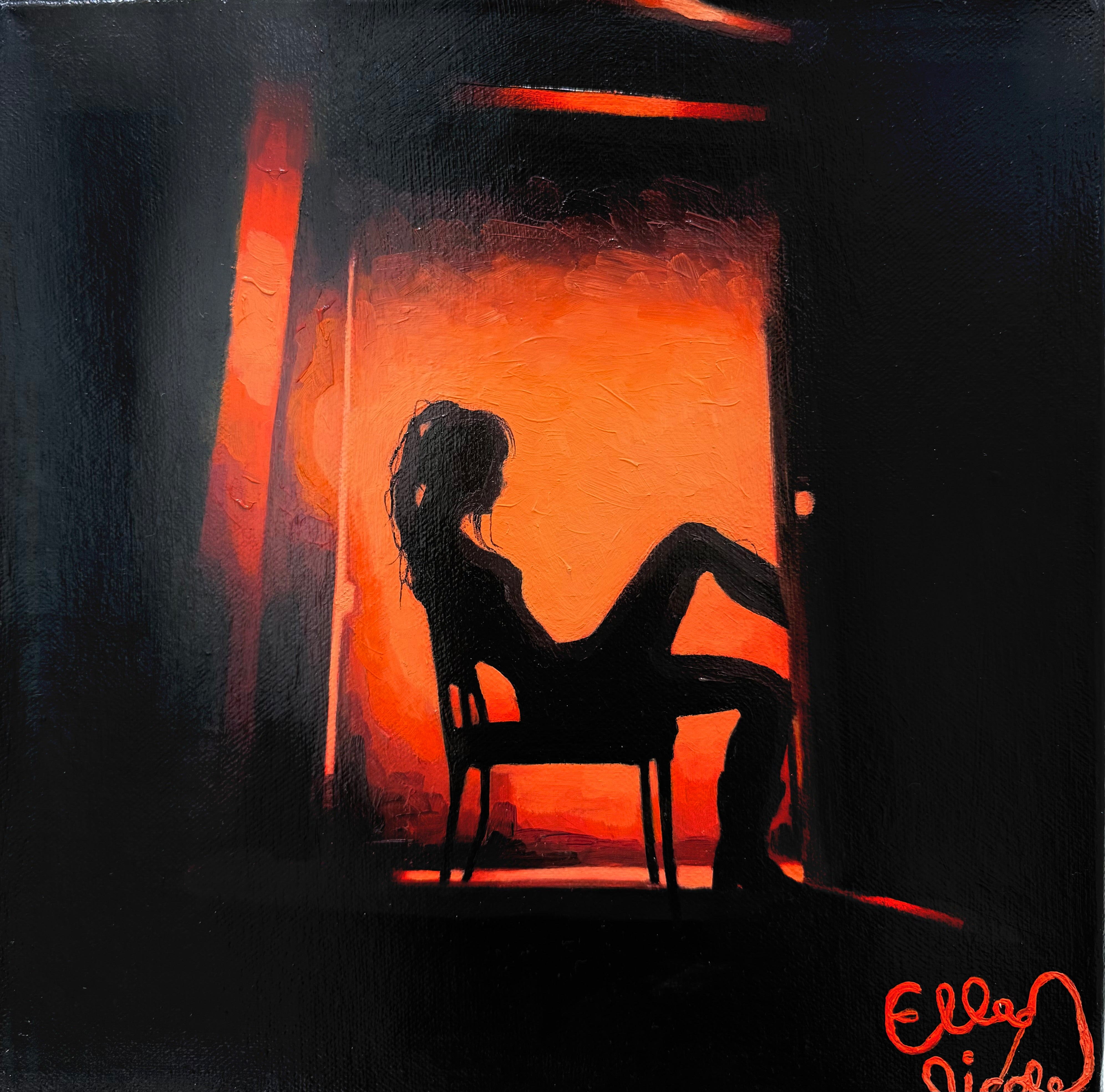 Silhouette of a person sitting on a chair in front of an orange light source, with the artist's signature visible.