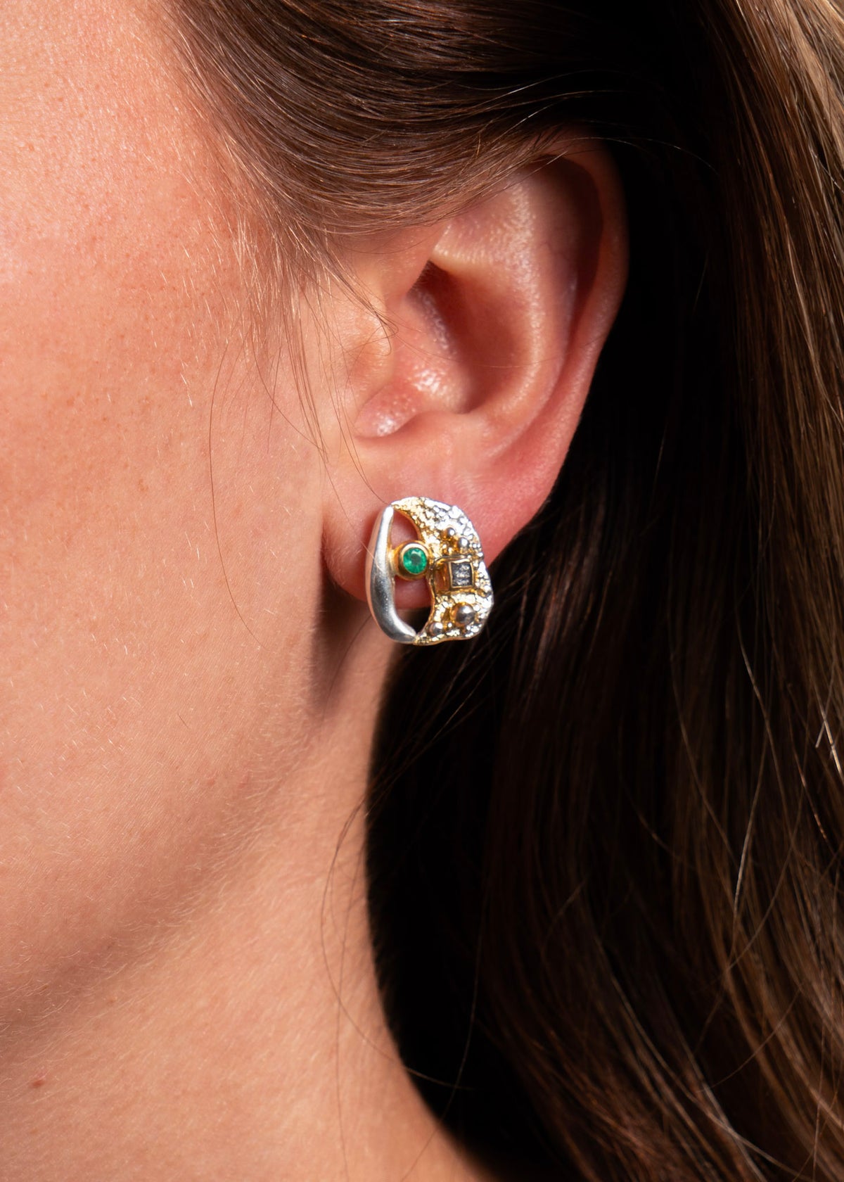 Emerald & Rough Diamond Stud Earrings