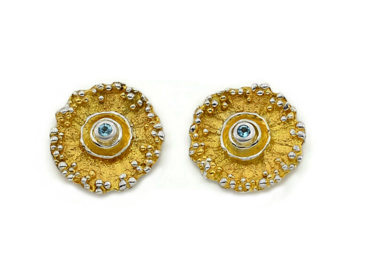 Pair of gold earrings with blue gemstones on a white background