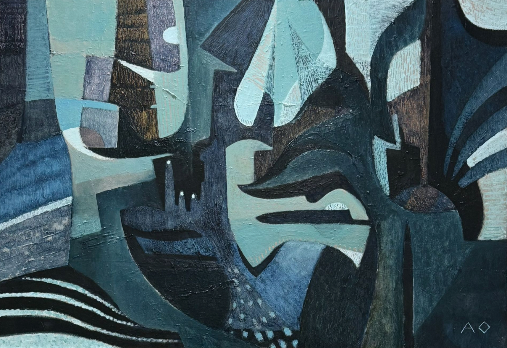 Abstract artwork with geometric shapes in blue, black, and gray tones.