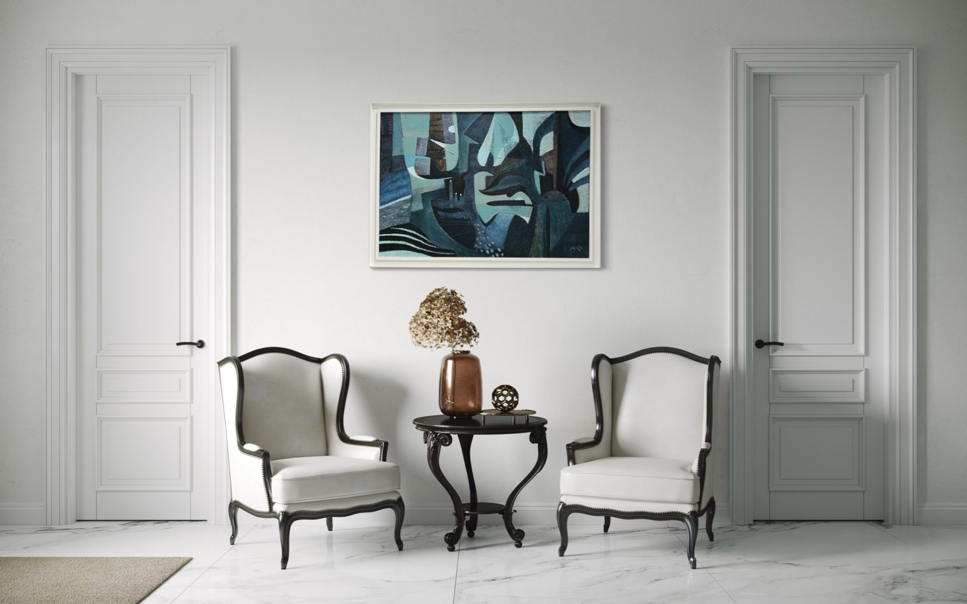 Two elegant chairs with a small table and decorative items in a room with white walls and doors. With Allan Offord original central hanging