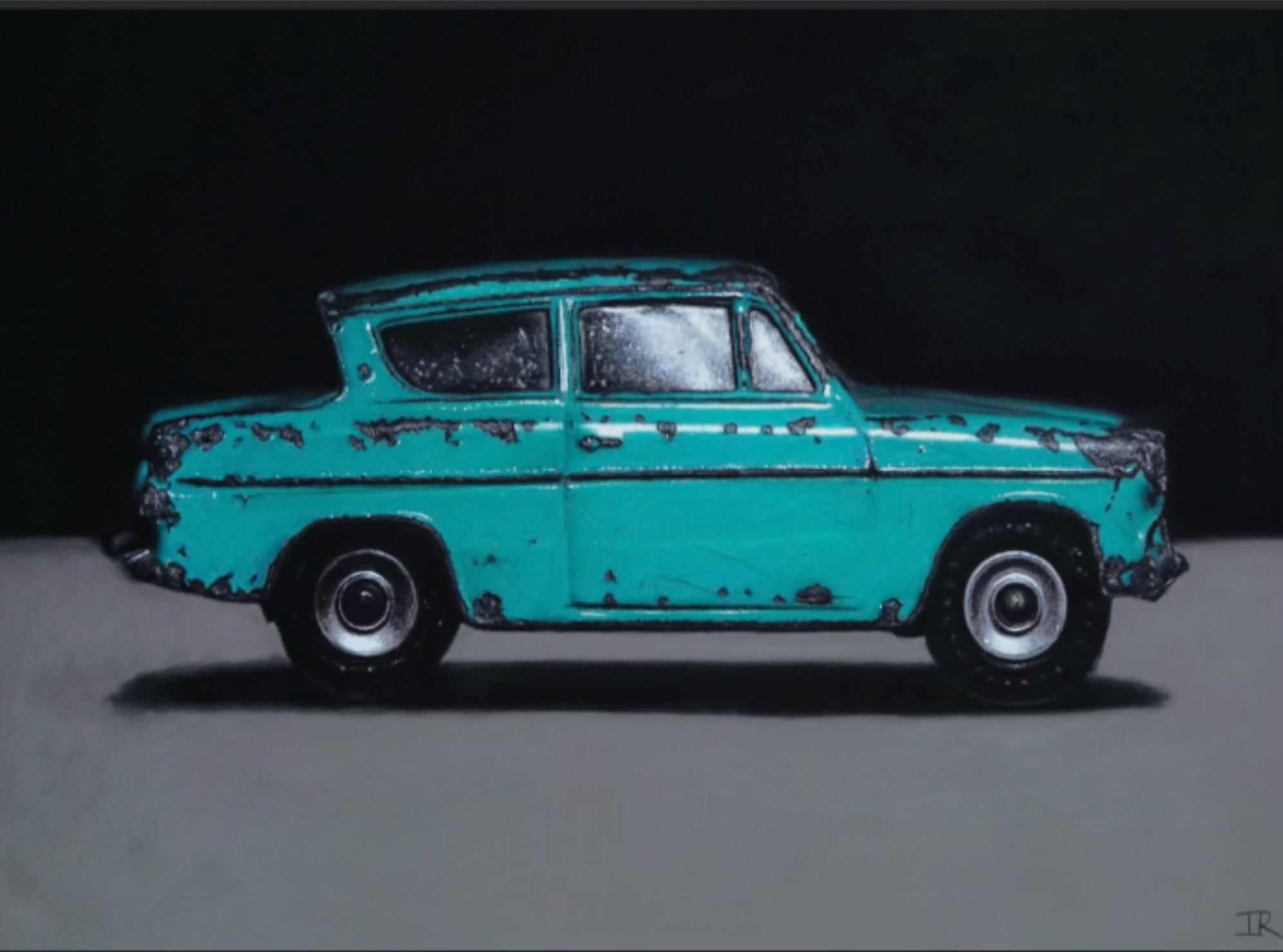 Teal vintage car pastel drawing with rust details on a gray background