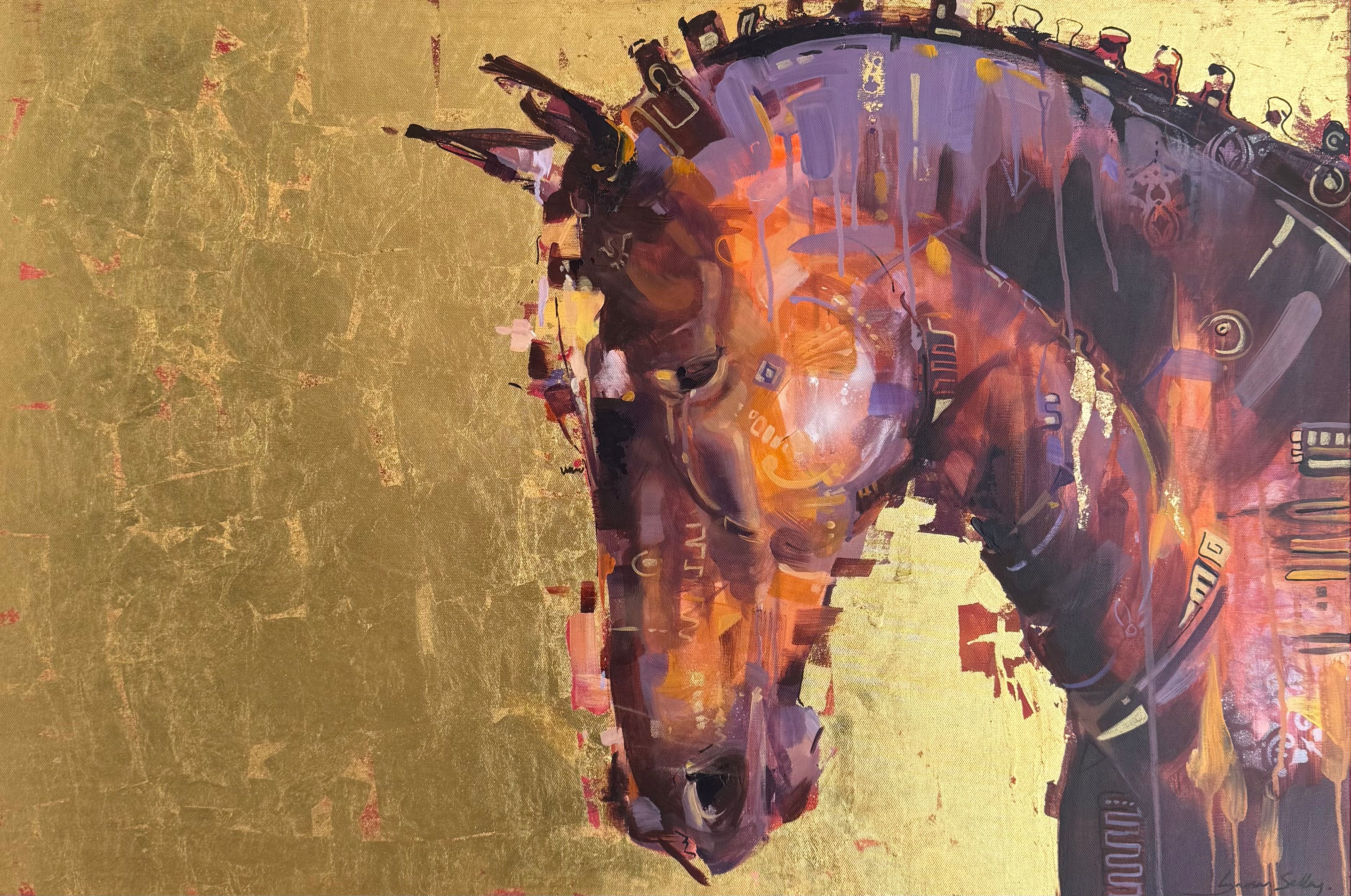 Abstract artwork with a horse figure on a 24kt gold leaf background