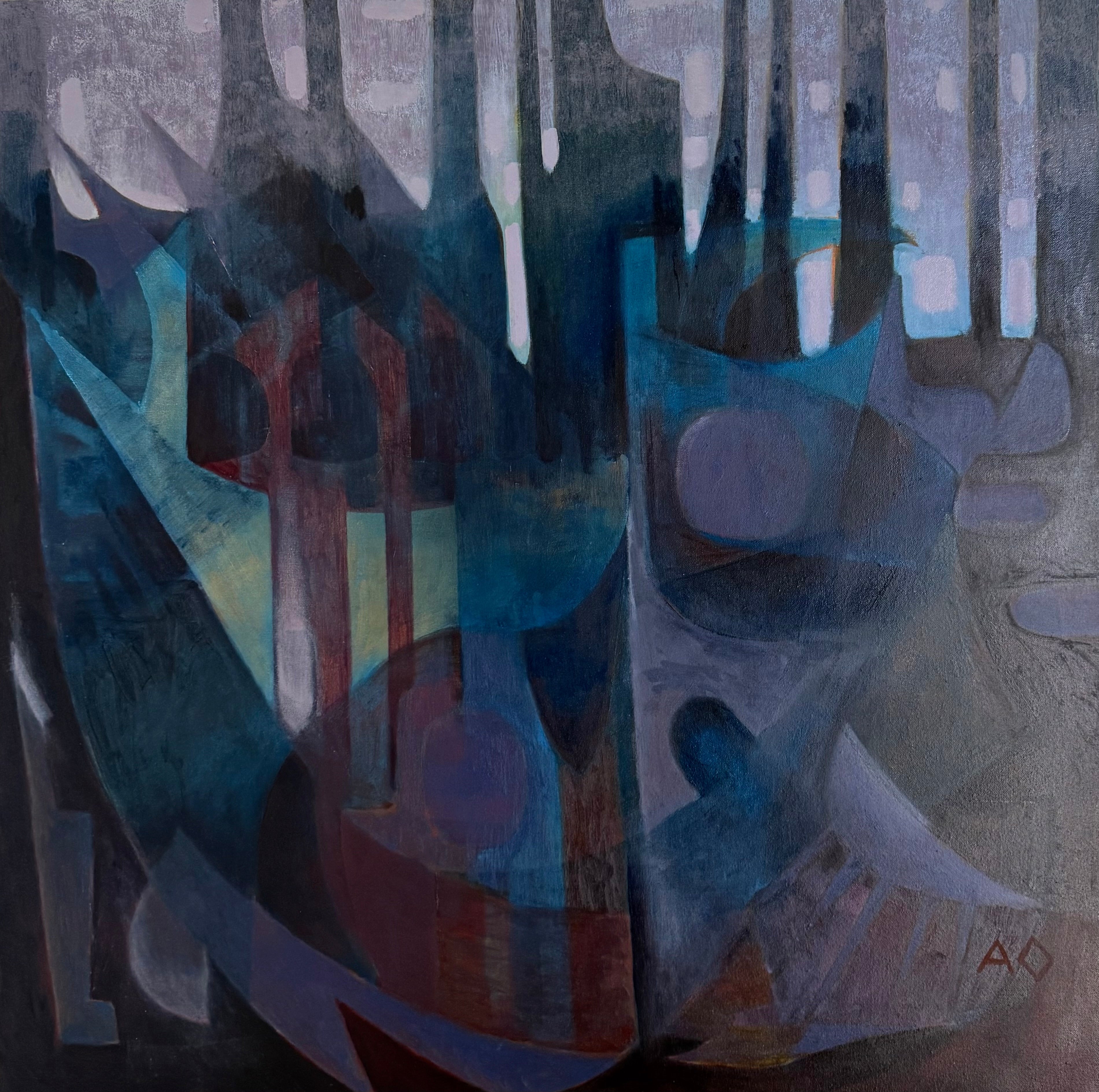 Abstract artwork with geometric shapes in dark purples and blues and a signature in the corner