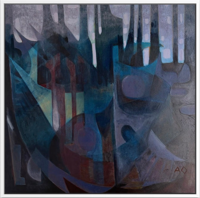 Abstract artwork with blue and purple tones in a white slip frame