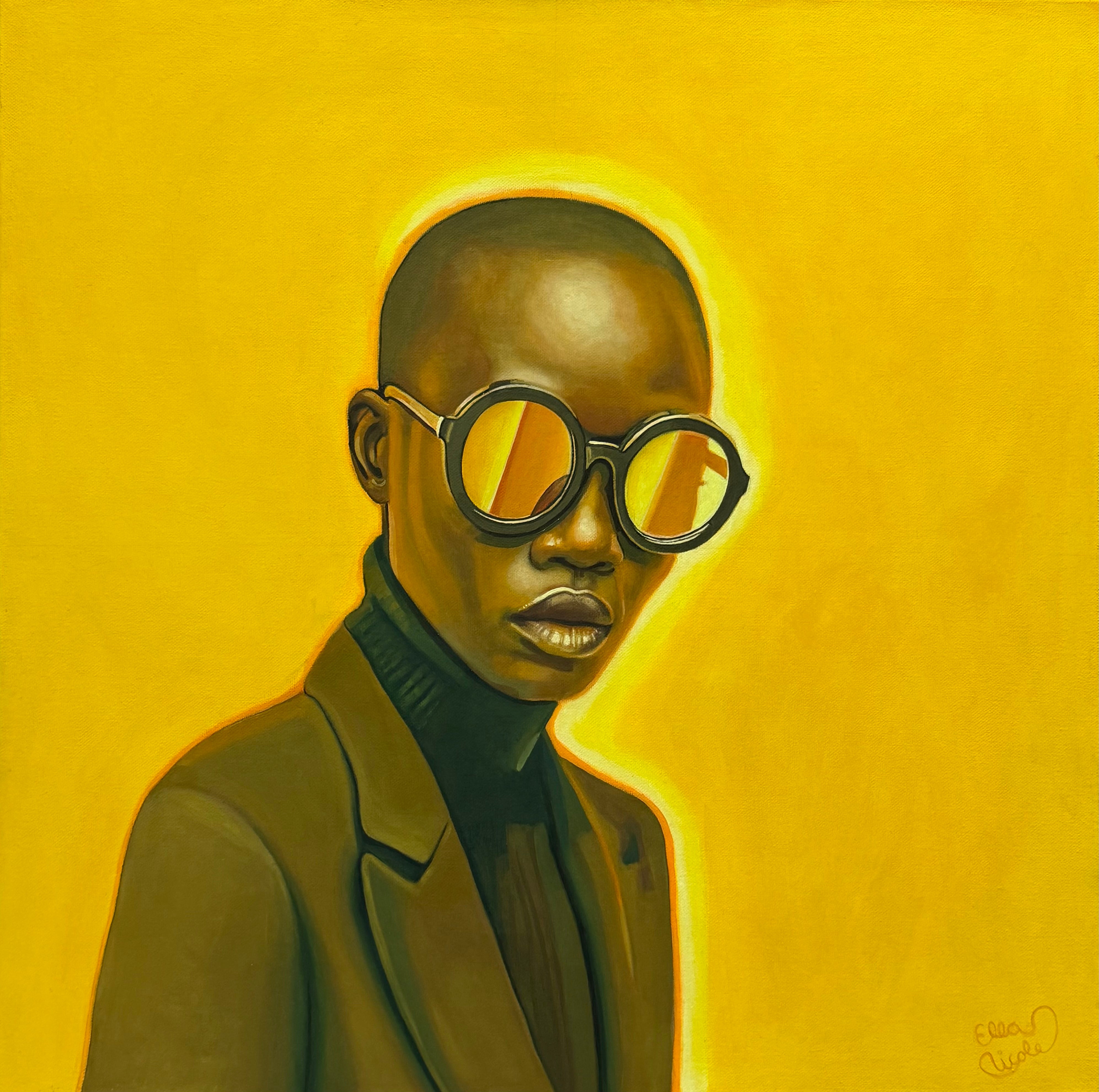 Portrait of a person wearing glasses and a coat on a yellow background