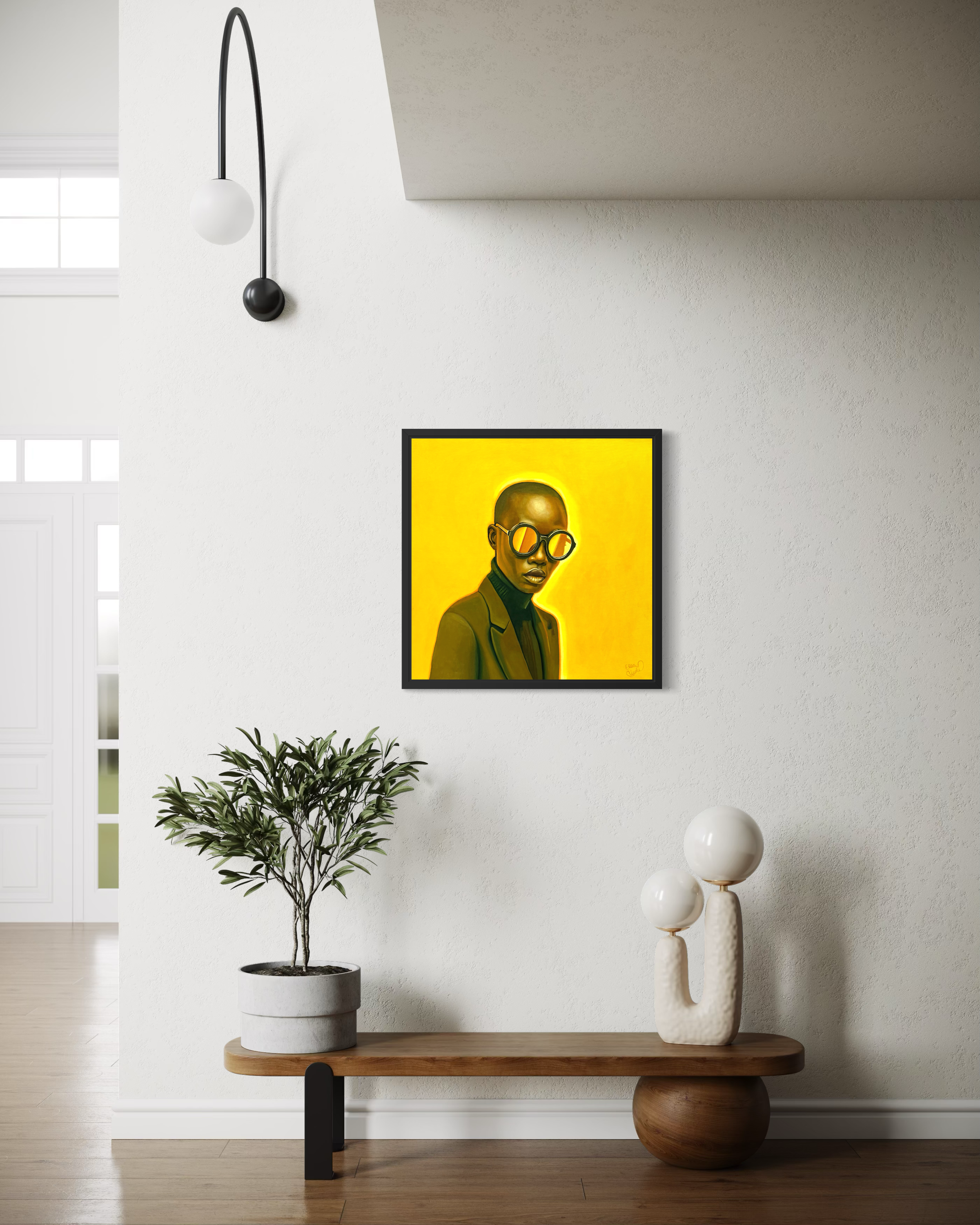 Framed Ella Nicole original on a wall above a wooden bench with decor items.