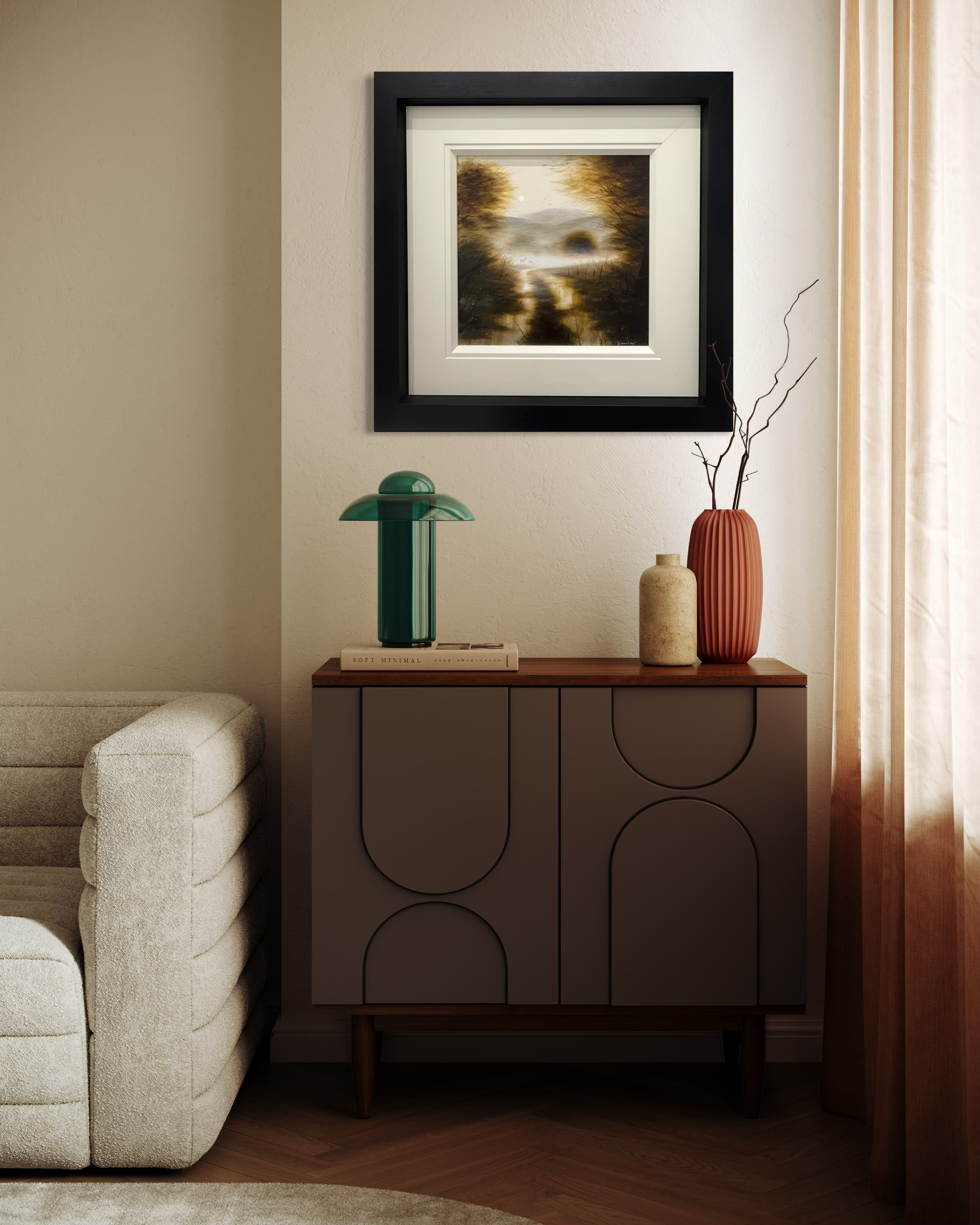 Modern interior with a sideboard, decorative vases, and framed original D J Warilow on a wall.
