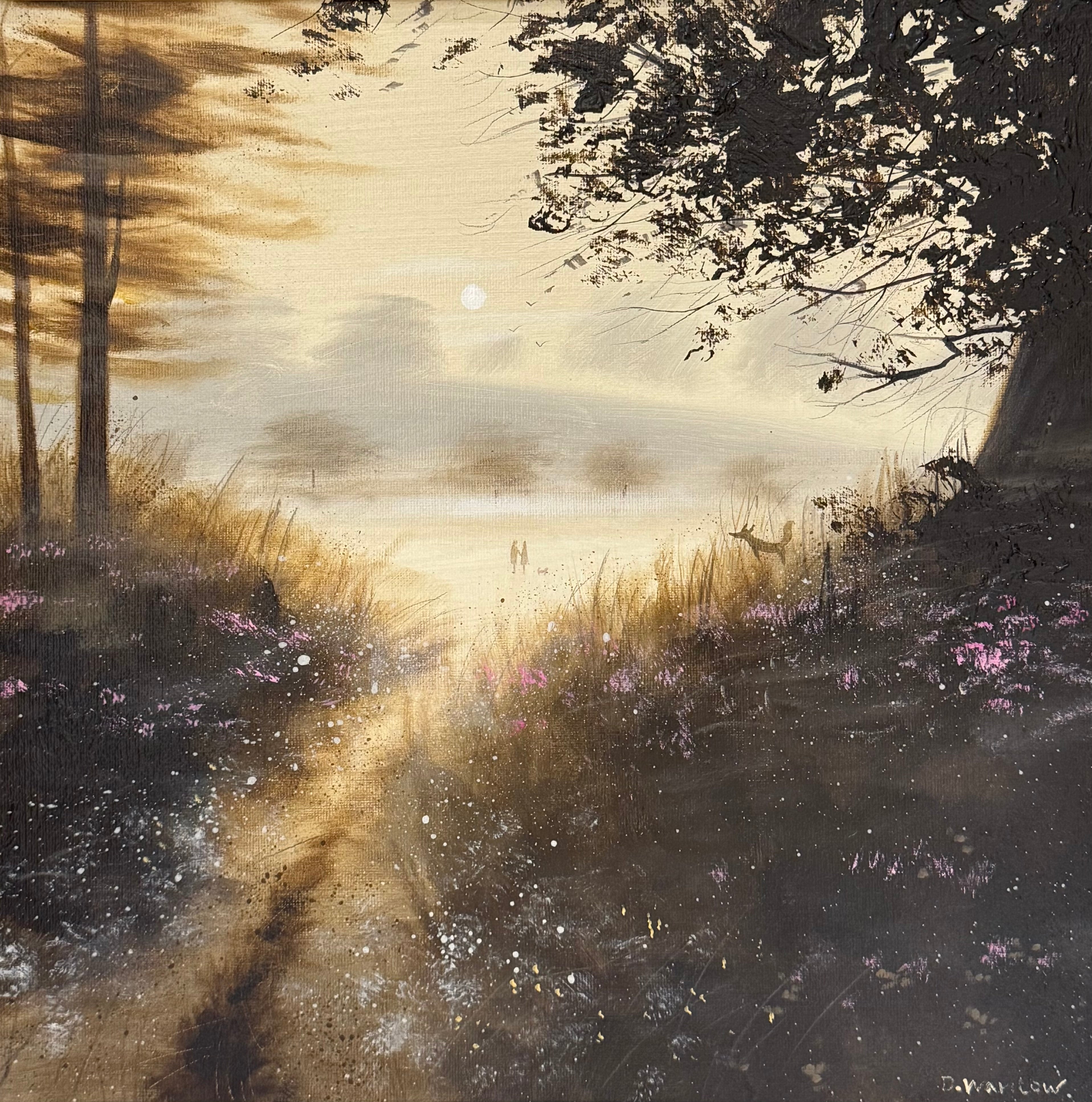 artist depiction of a landscape with a couple through the mist walking 