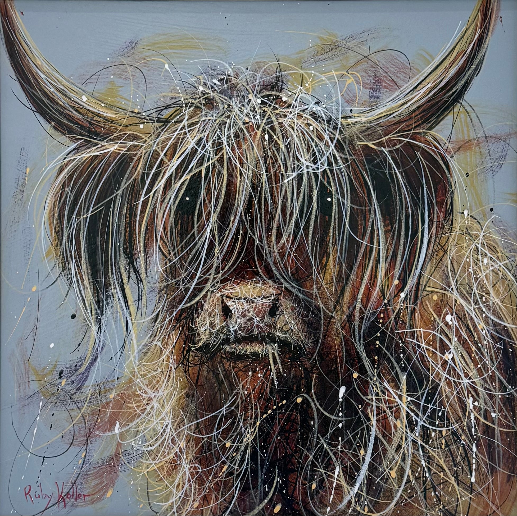 A stylized painting of a Highland cow or yoke with long curved horns, rendered in brown, beige, black, and white brushstrokes against a muted blue-gray background.