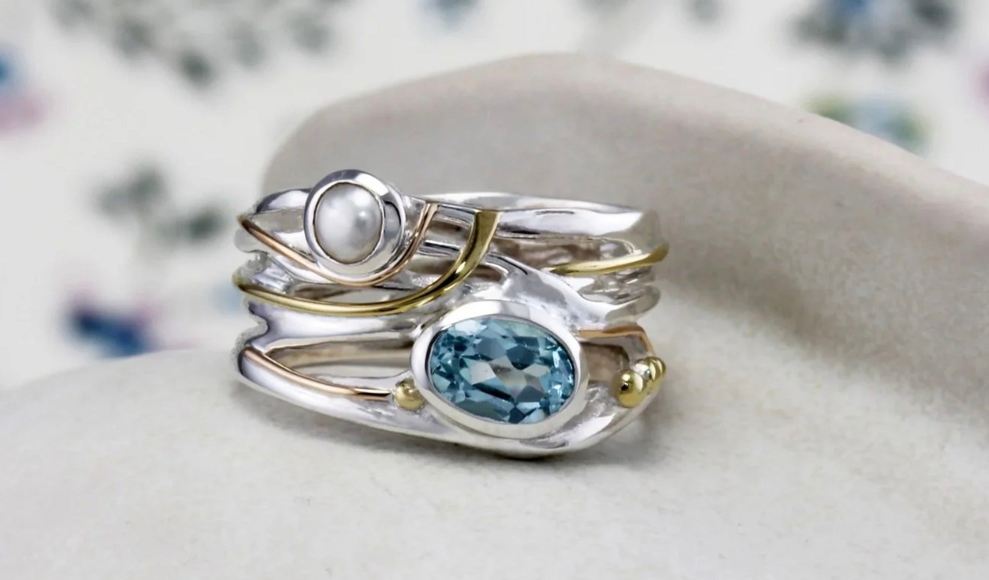 Blue Topaz & Freshwater Pearl Silver Ring