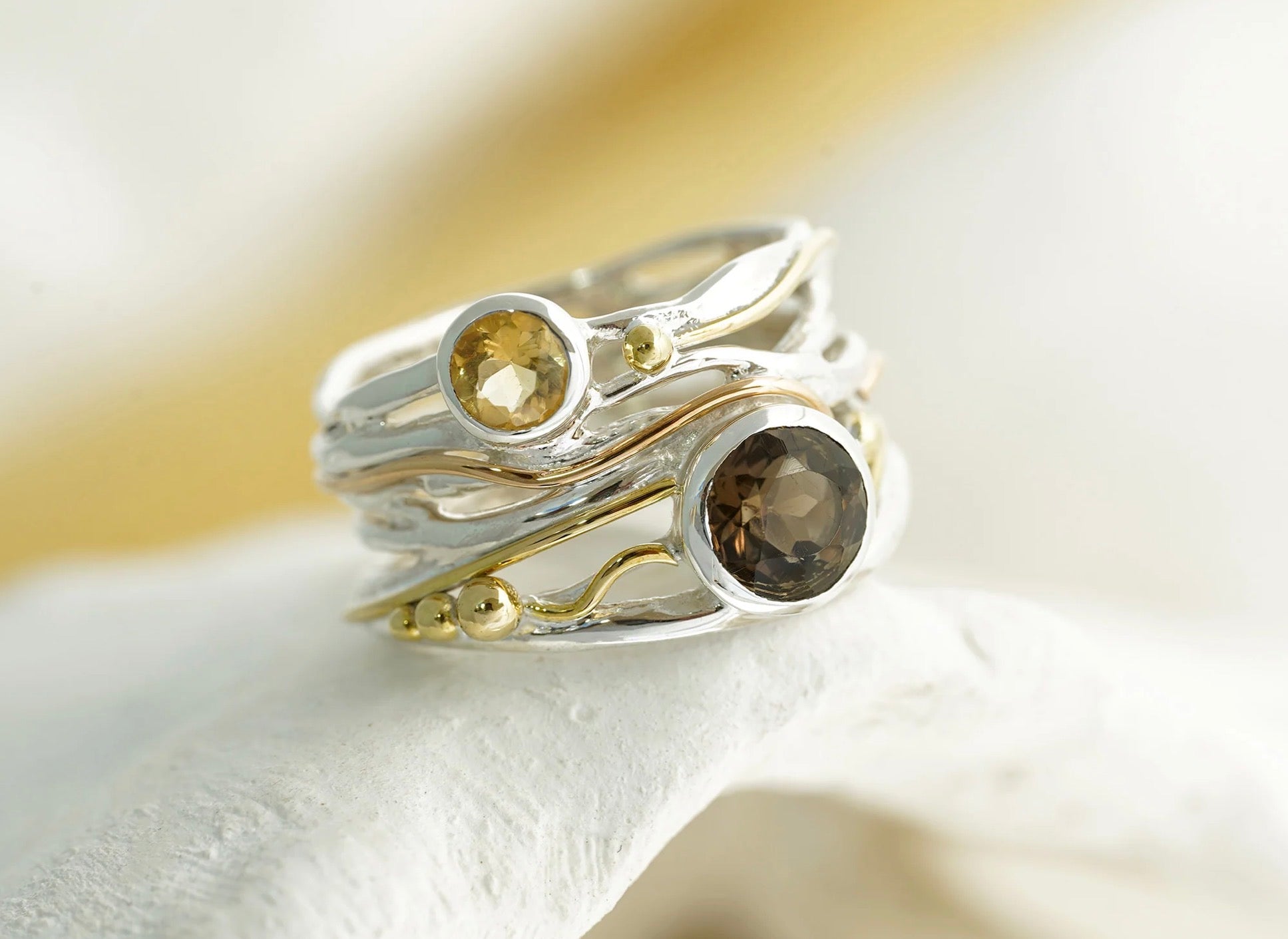Smoky Quartz & Citrine Silver Ring