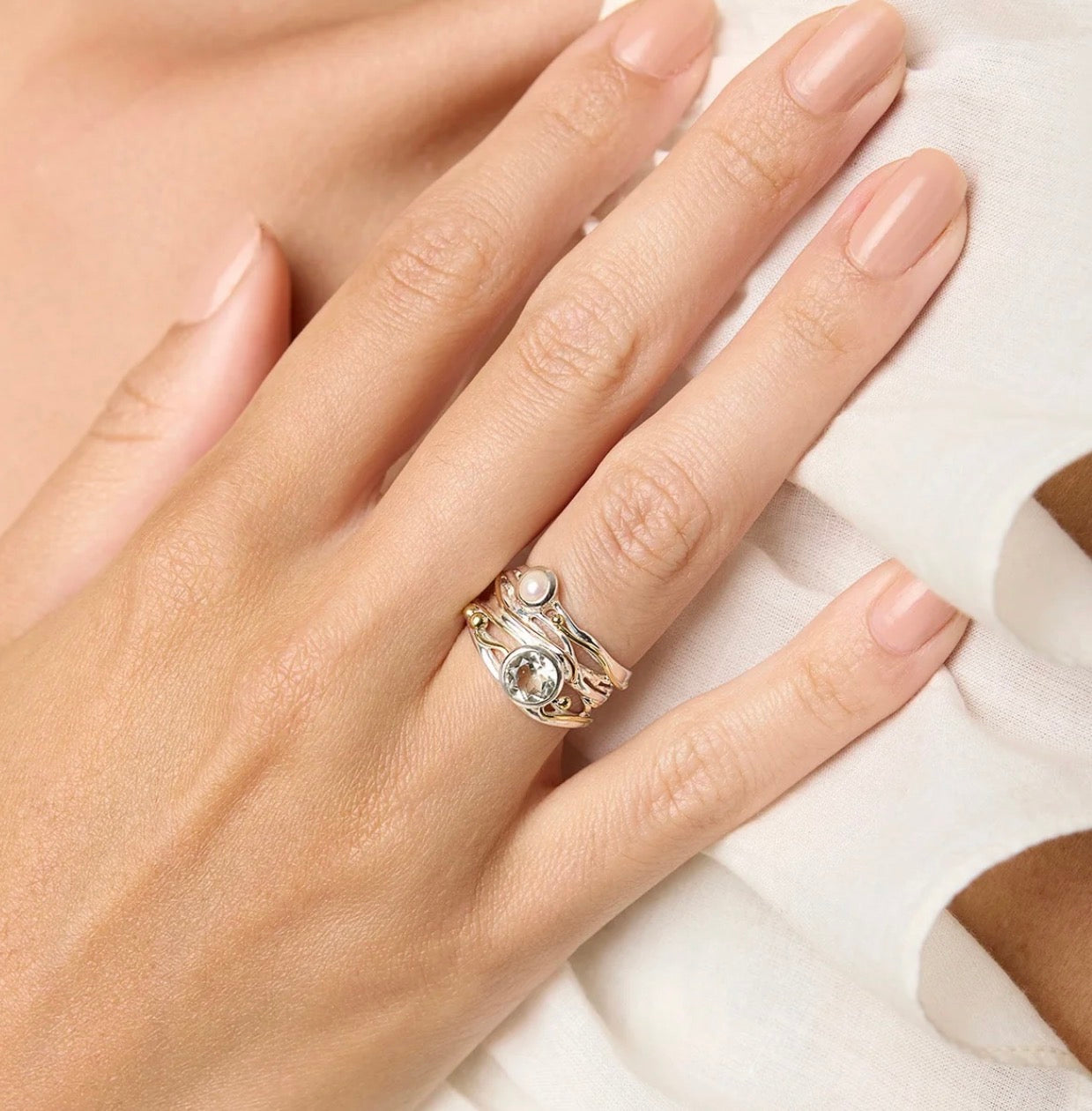 Green Amethyst & Fresh Water Pearl Ring