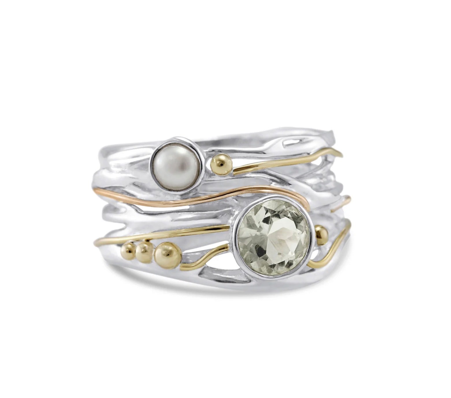 Green Amethyst & Fresh Water Pearl Ring