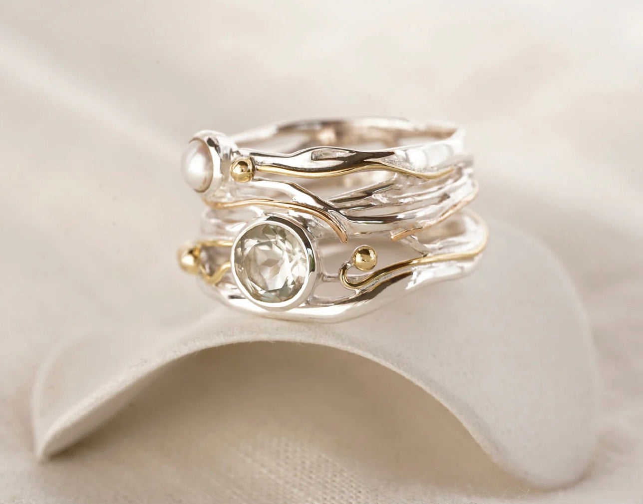Green Amethyst & Fresh Water Pearl Ring