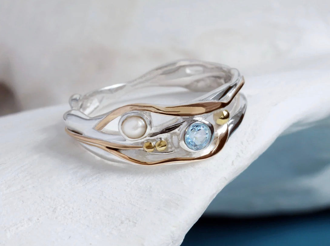 Blue Topaz & Freshwater Pearl Ring