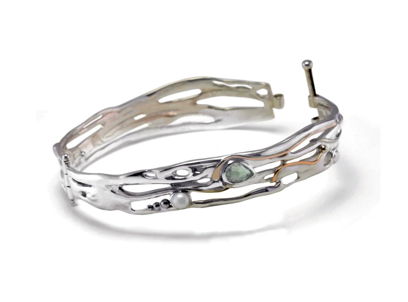 Green Amethyst & Freshwater Pearl Sterling Silver Hinged Bangle