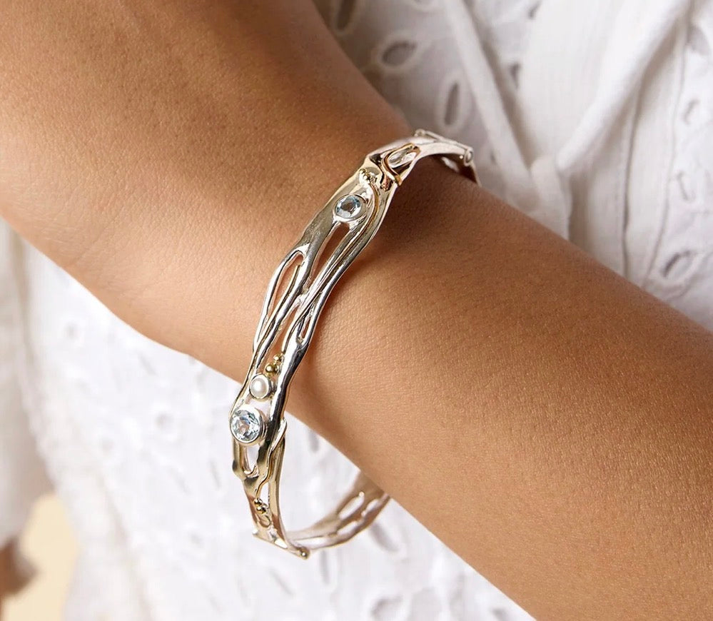 Blue Topaz, Pearl & Gold Detail Sterling Silver Hinged Bangle